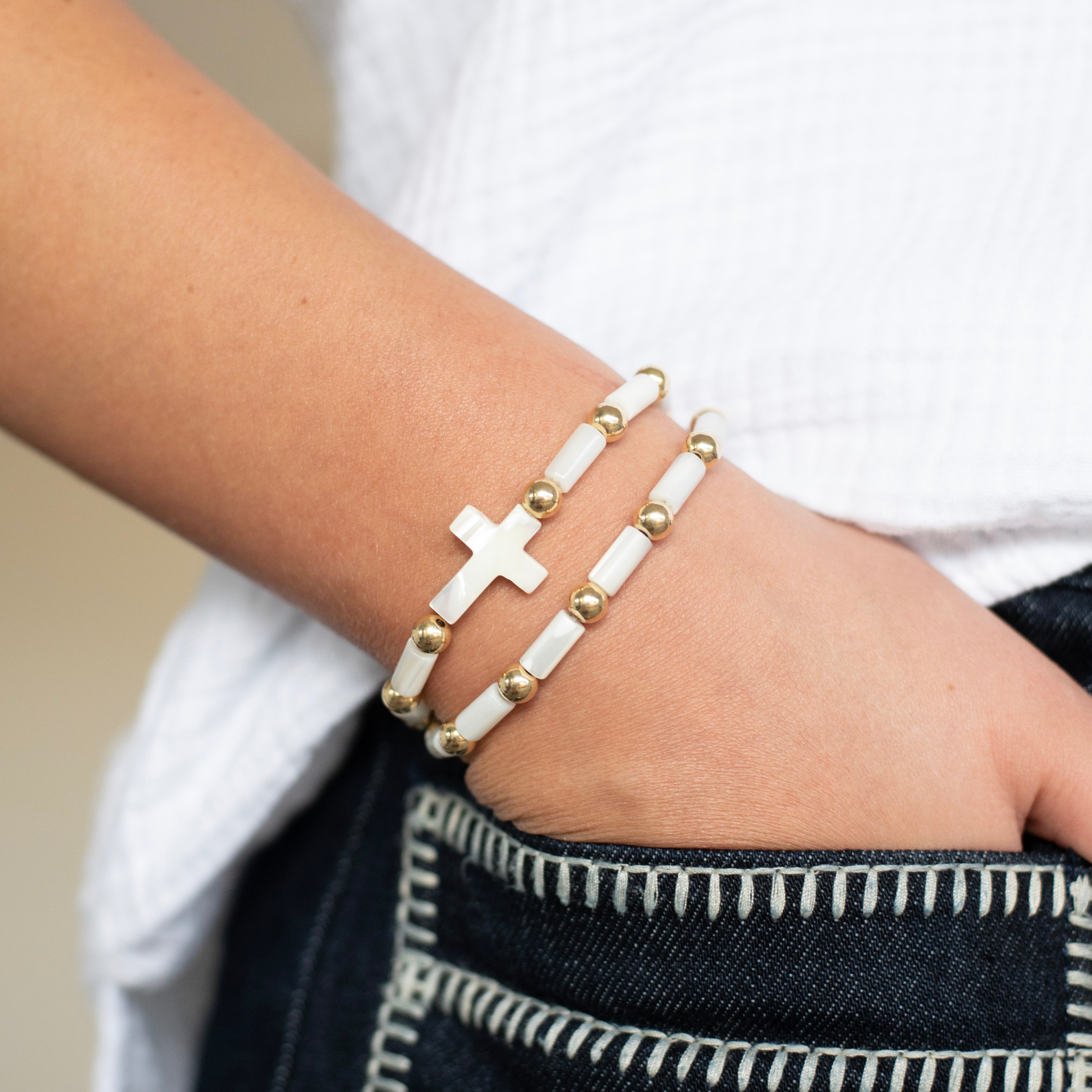 Mother of Pearl & 6mm Beaded Lux Tube Bracelet