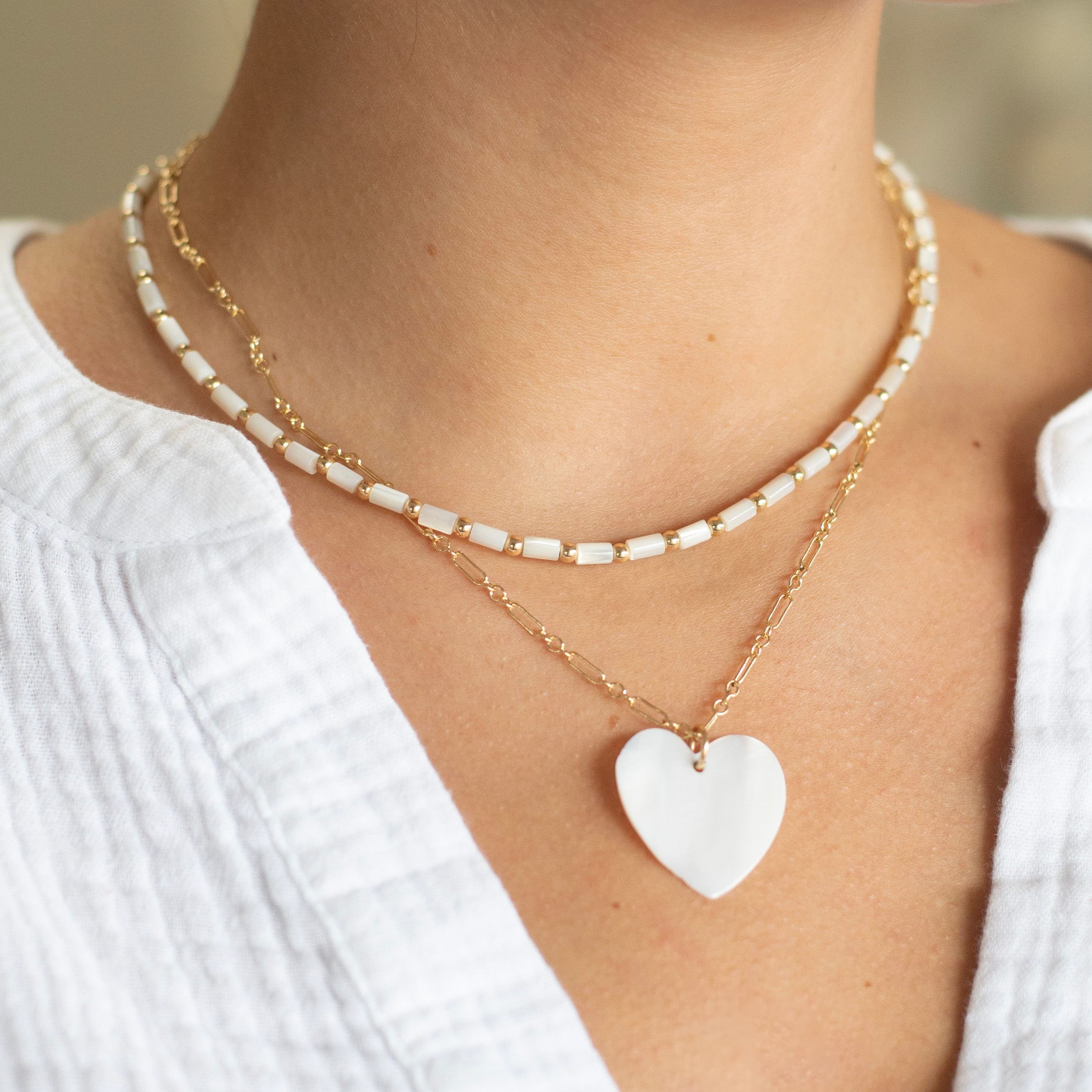 Mother of Pearl Heart Long & Short 14k Gold Filled Necklace