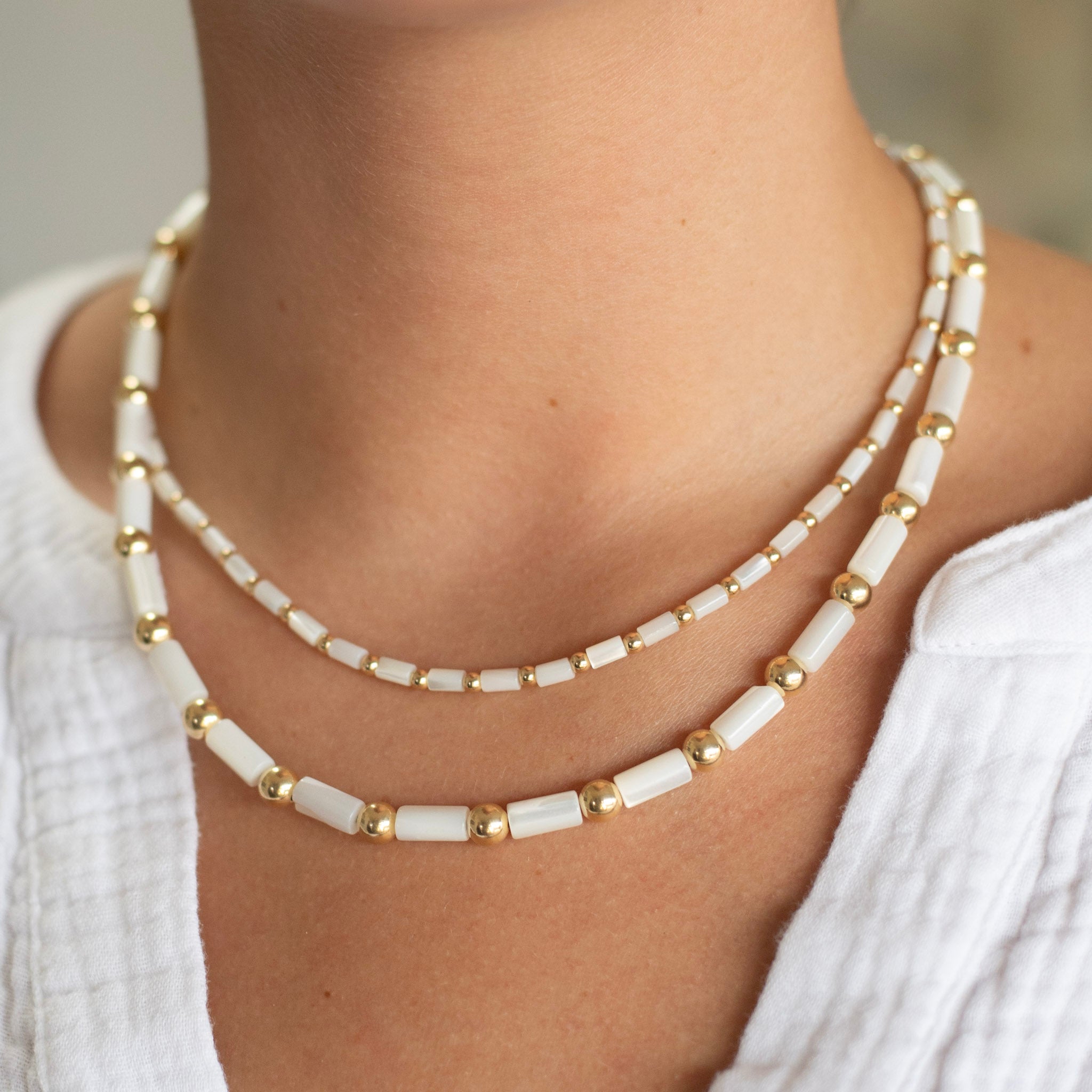 Mother of Pearl Tube & 14k Gold Filled Necklace