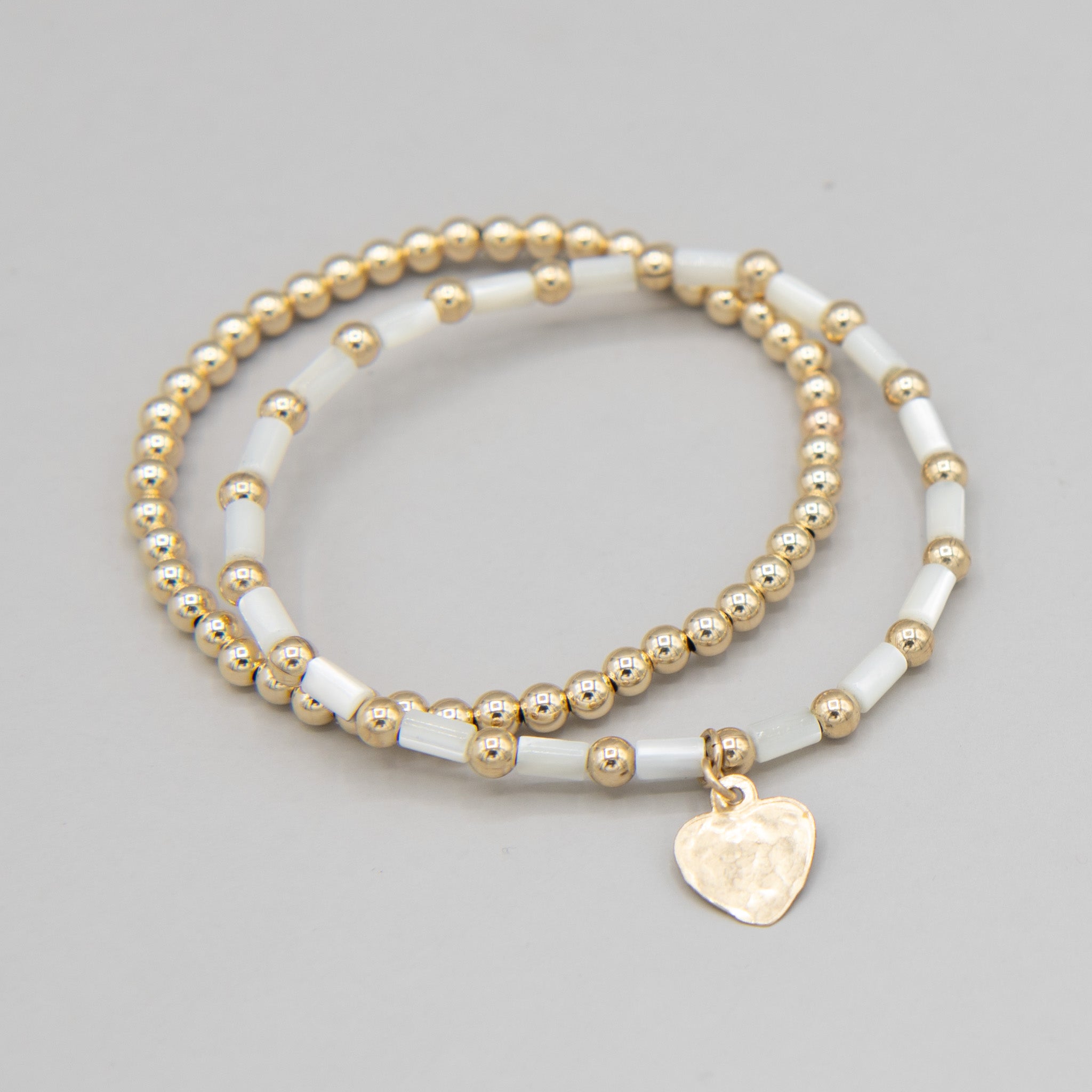 Mother of Pearl & 4mm Beaded Lux Tube Heart Bracelet
