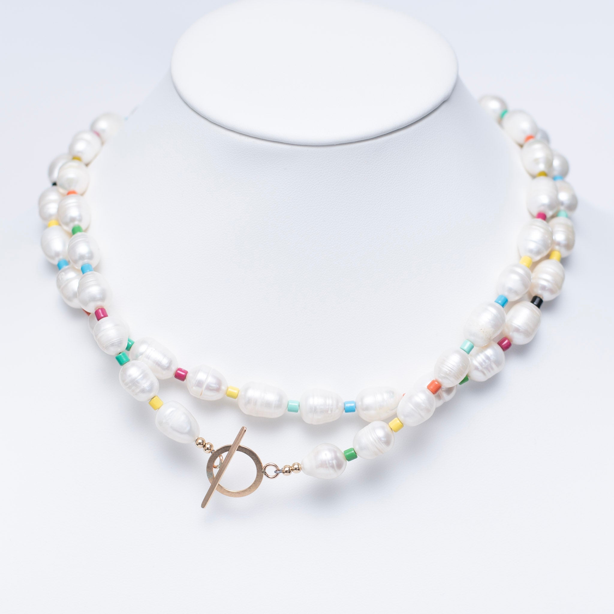 One of a Kind Freshwater Pearl and Colorful Enamel Toggle Necklace Layers