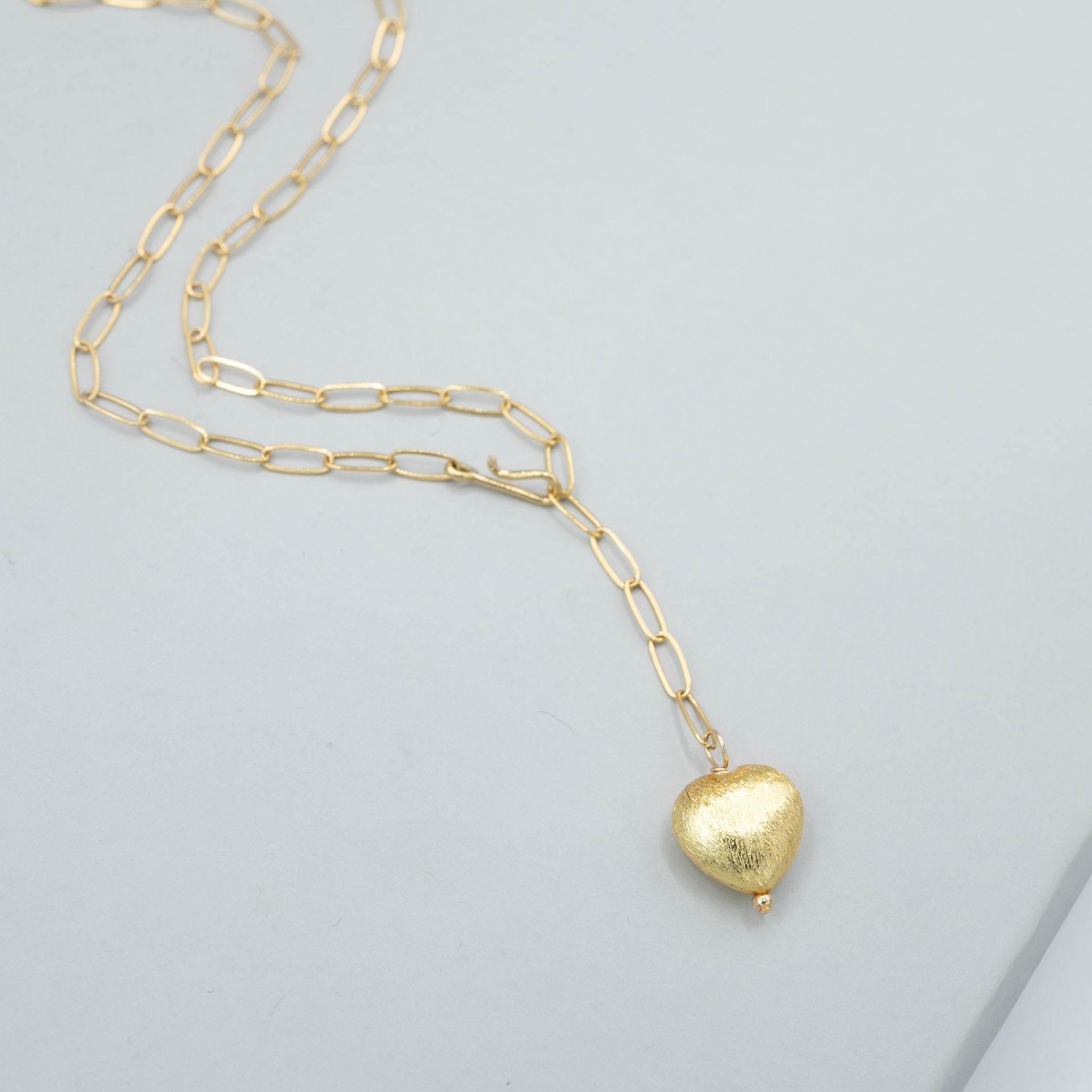 14k Gold Filled Small Puffy Heart Lariat Paperclip Necklace