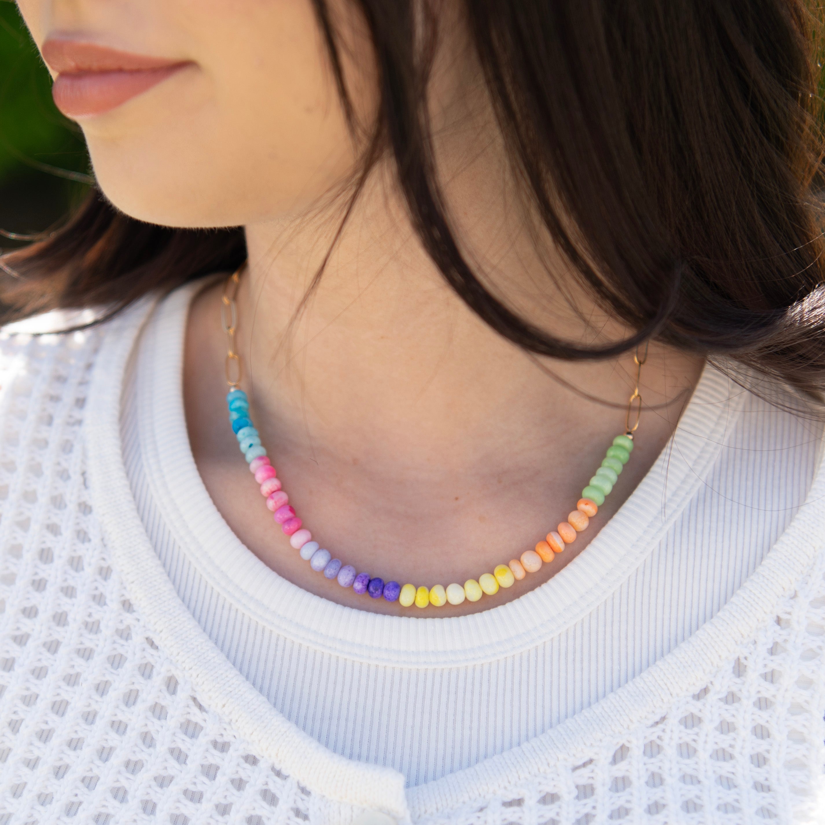 Multicolor Peruvian Opal & Paper Clip Chain Necklace - Jewel Ya