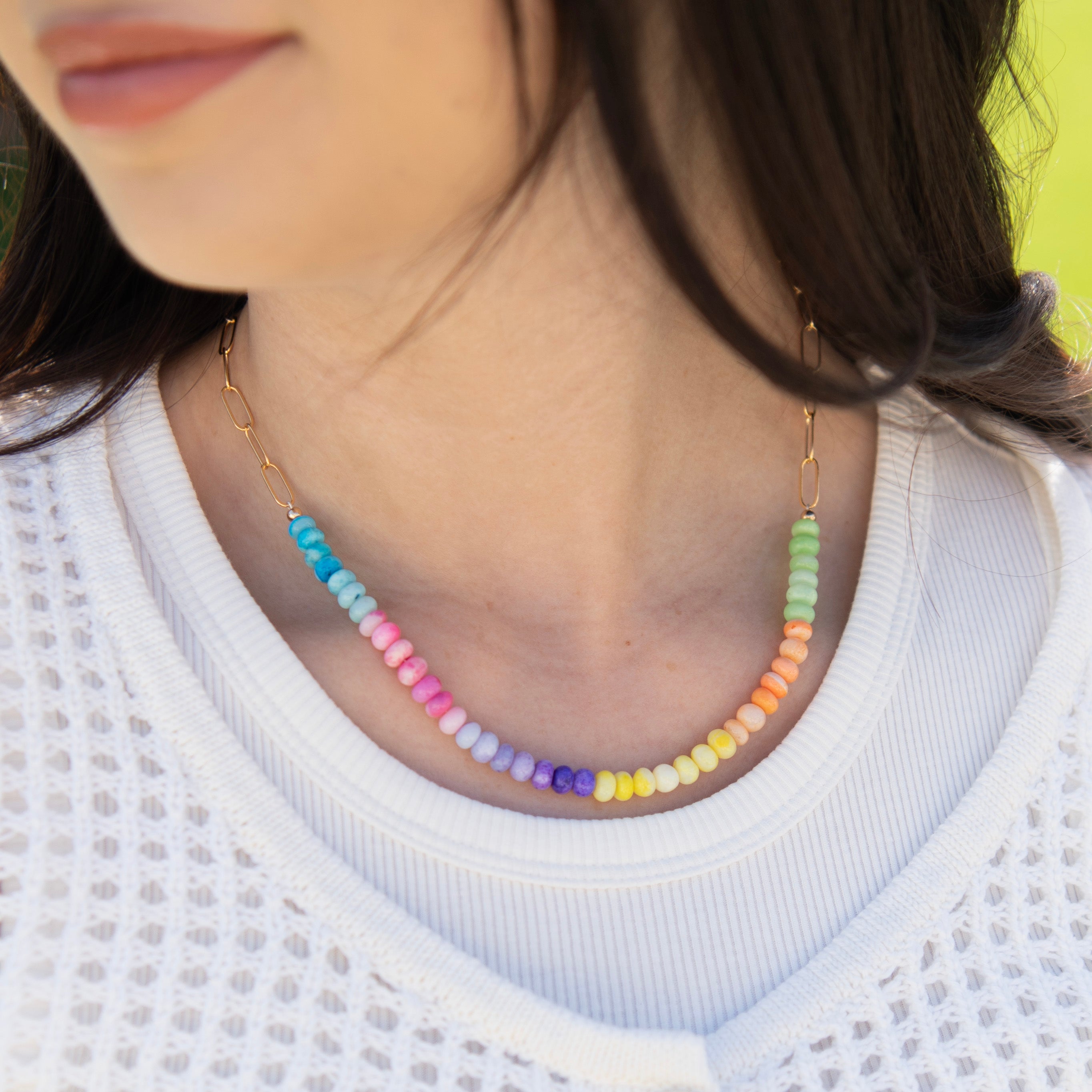 Multicolor Peruvian Opal & Paper Clip Chain Necklace - Jewel Ya