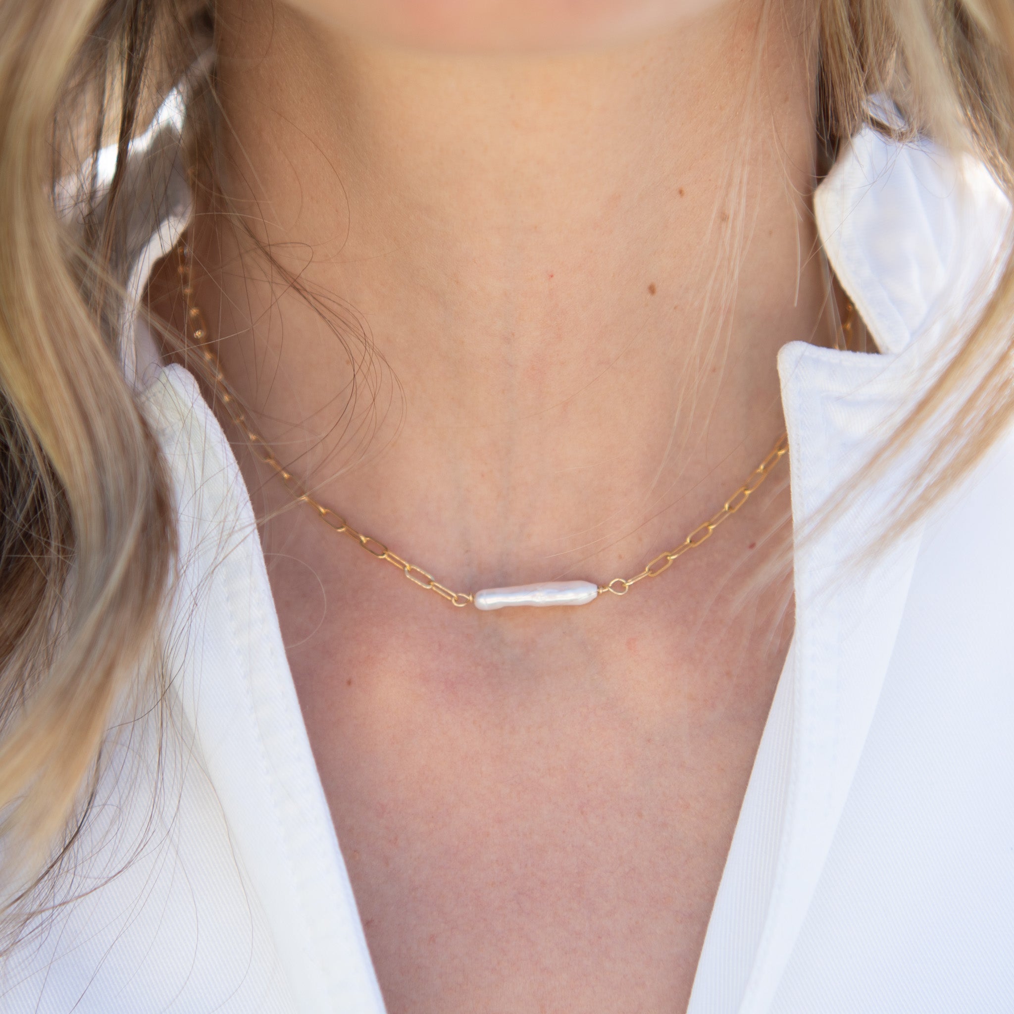 Petite Paper Clip & Freshwater Pearl Necklace - Jewel Ya