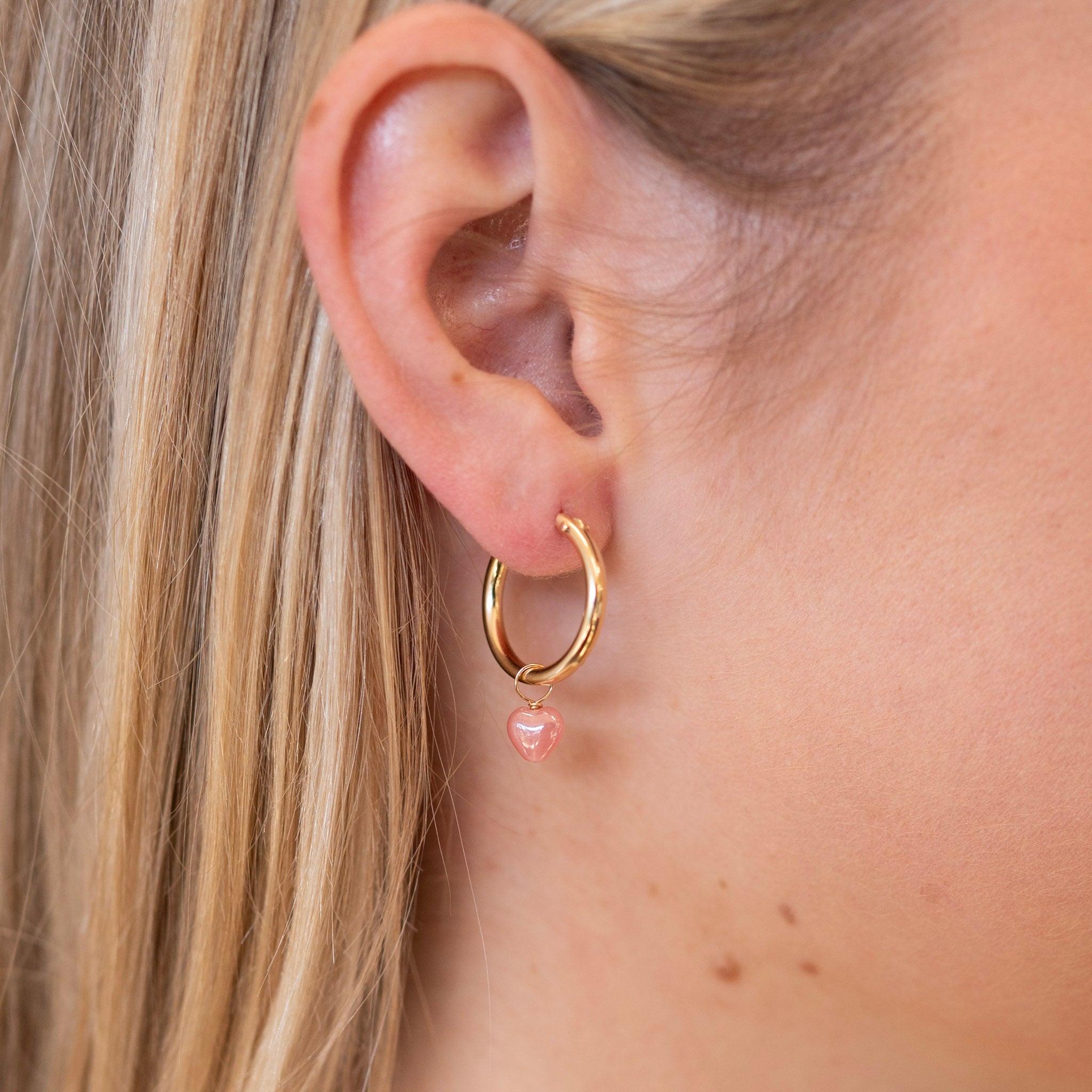 Petite Pink Glass Heart Hoop Drops