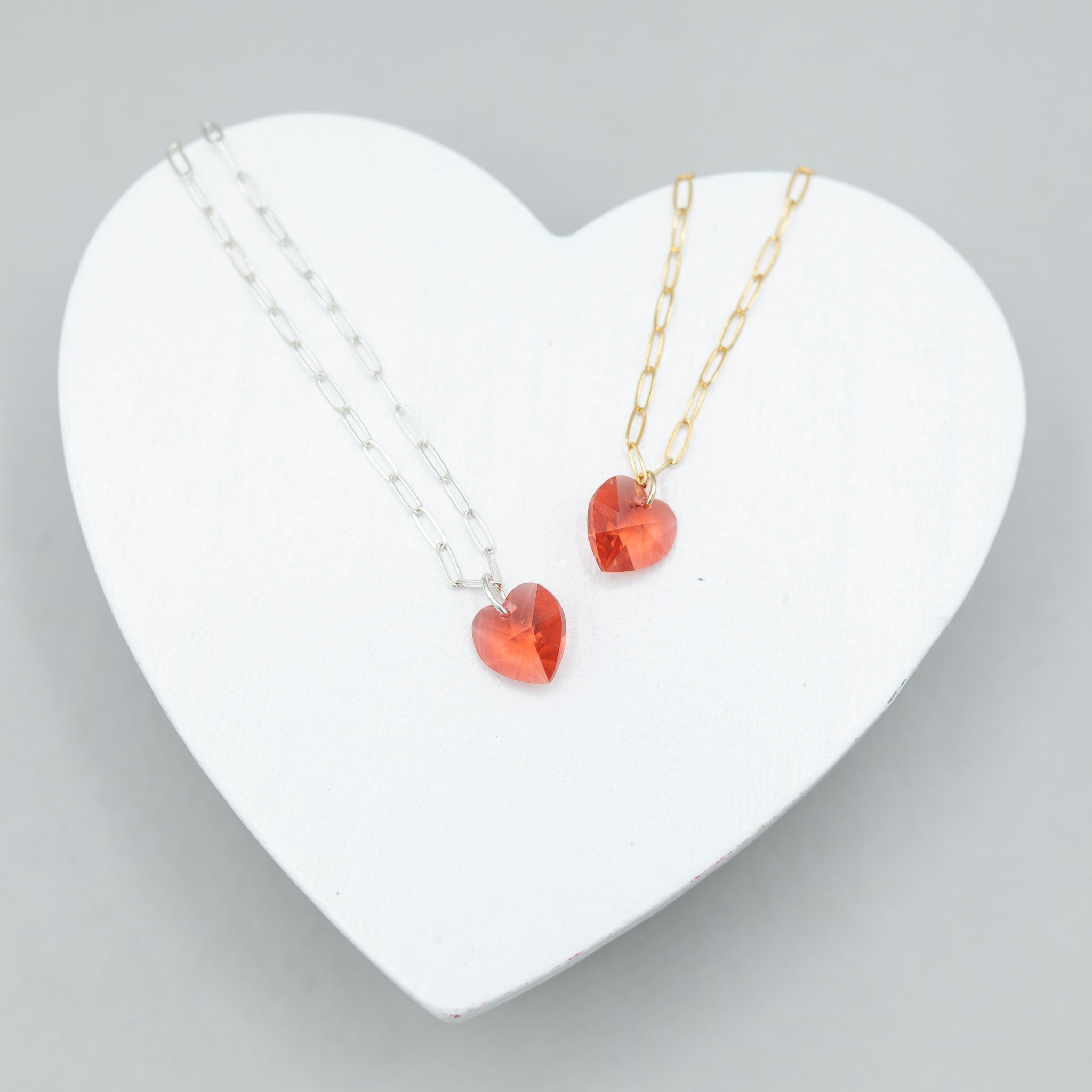 Petite Paperclip & Red Crystal Heart Charm Necklace