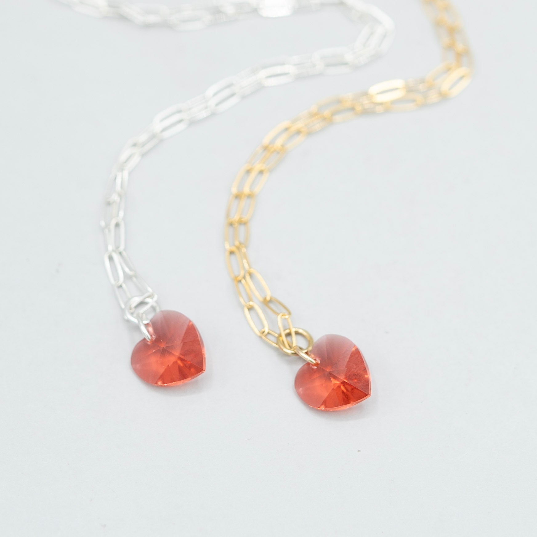 Petite Paperclip & Red Crystal Heart Charm Necklace