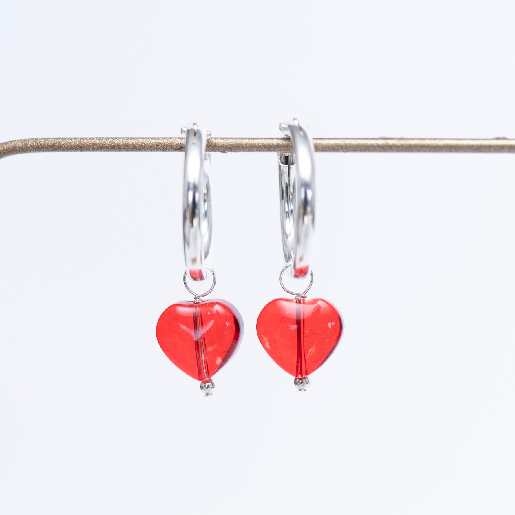 Red Glass Heart Hoop Drops