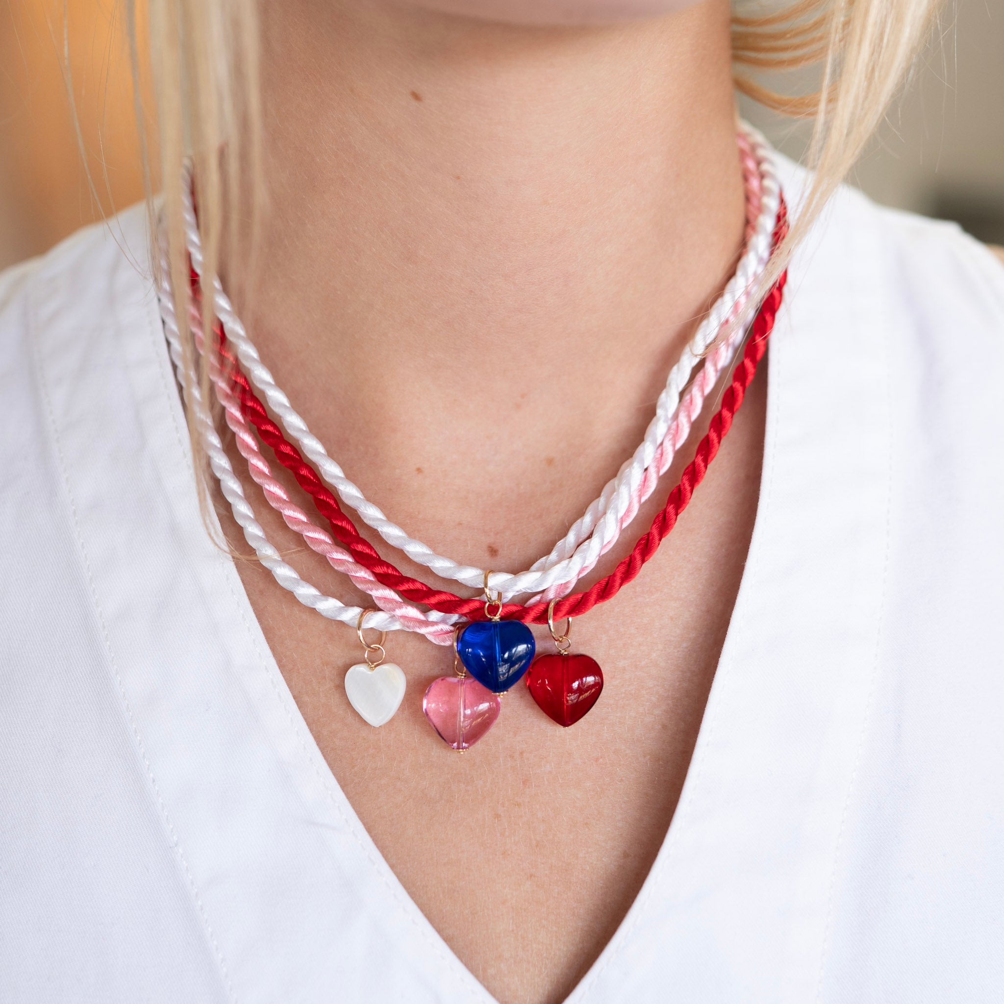 Silk Cord & Glass Heart Charm Necklace