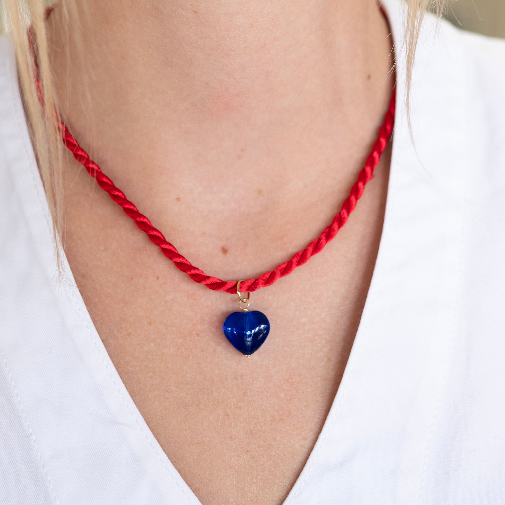 Silk Cord & Glass Heart Charm Necklace