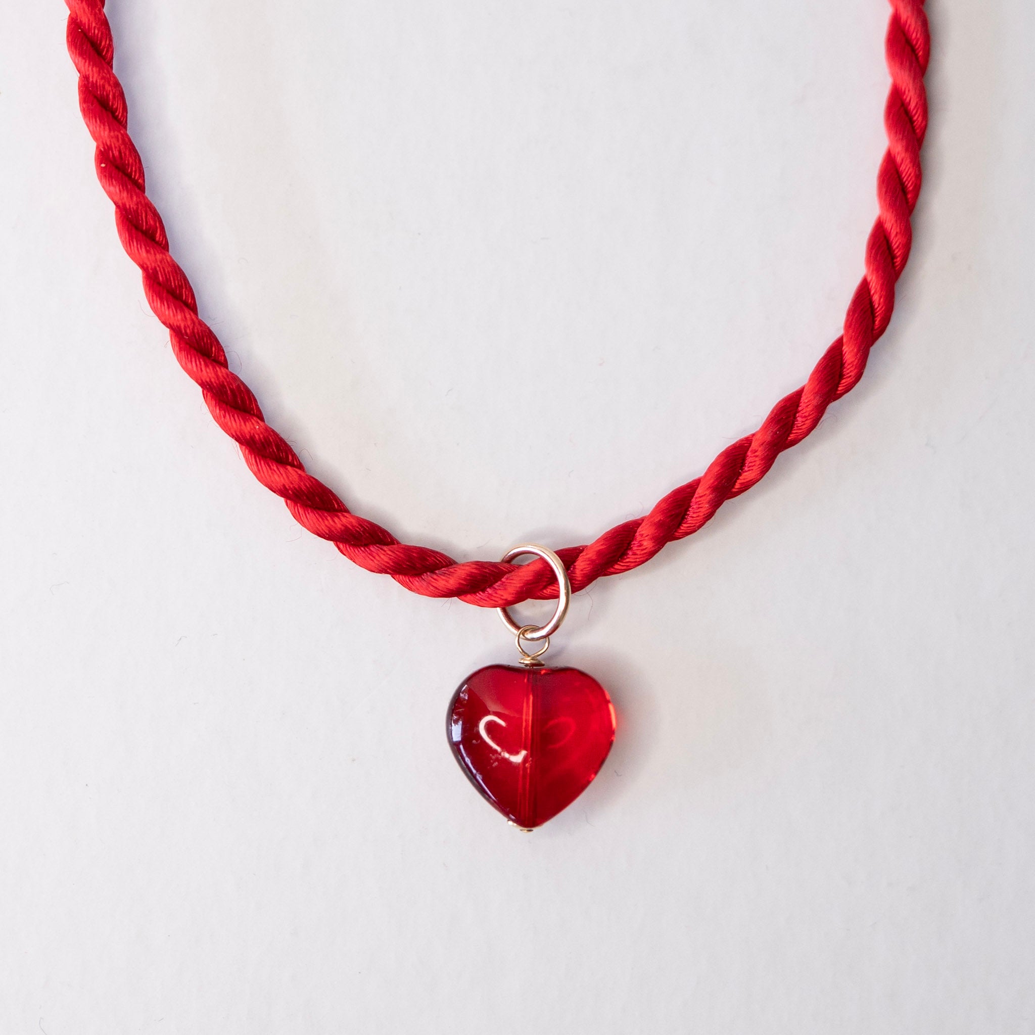 Silk Cord & Glass Heart Charm Necklace