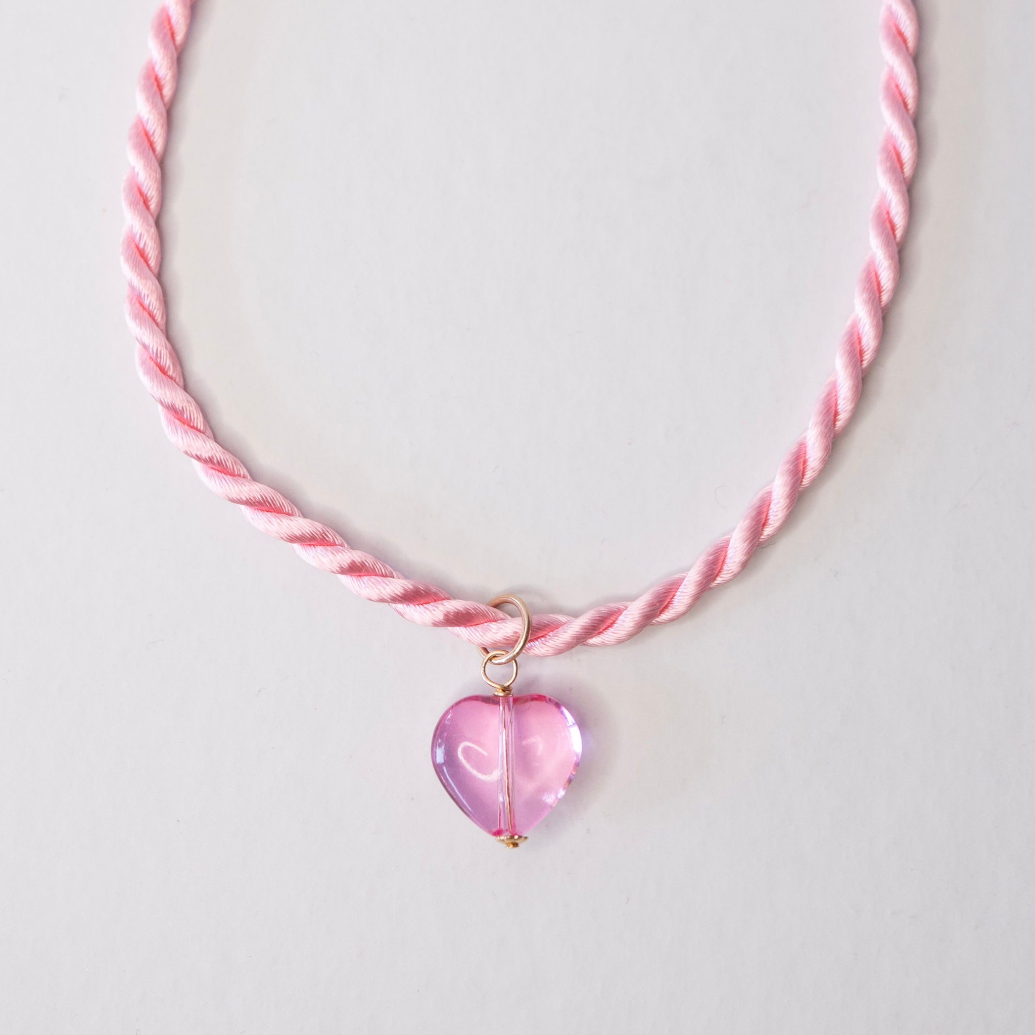 Silk Cord & Glass Heart Charm Necklace