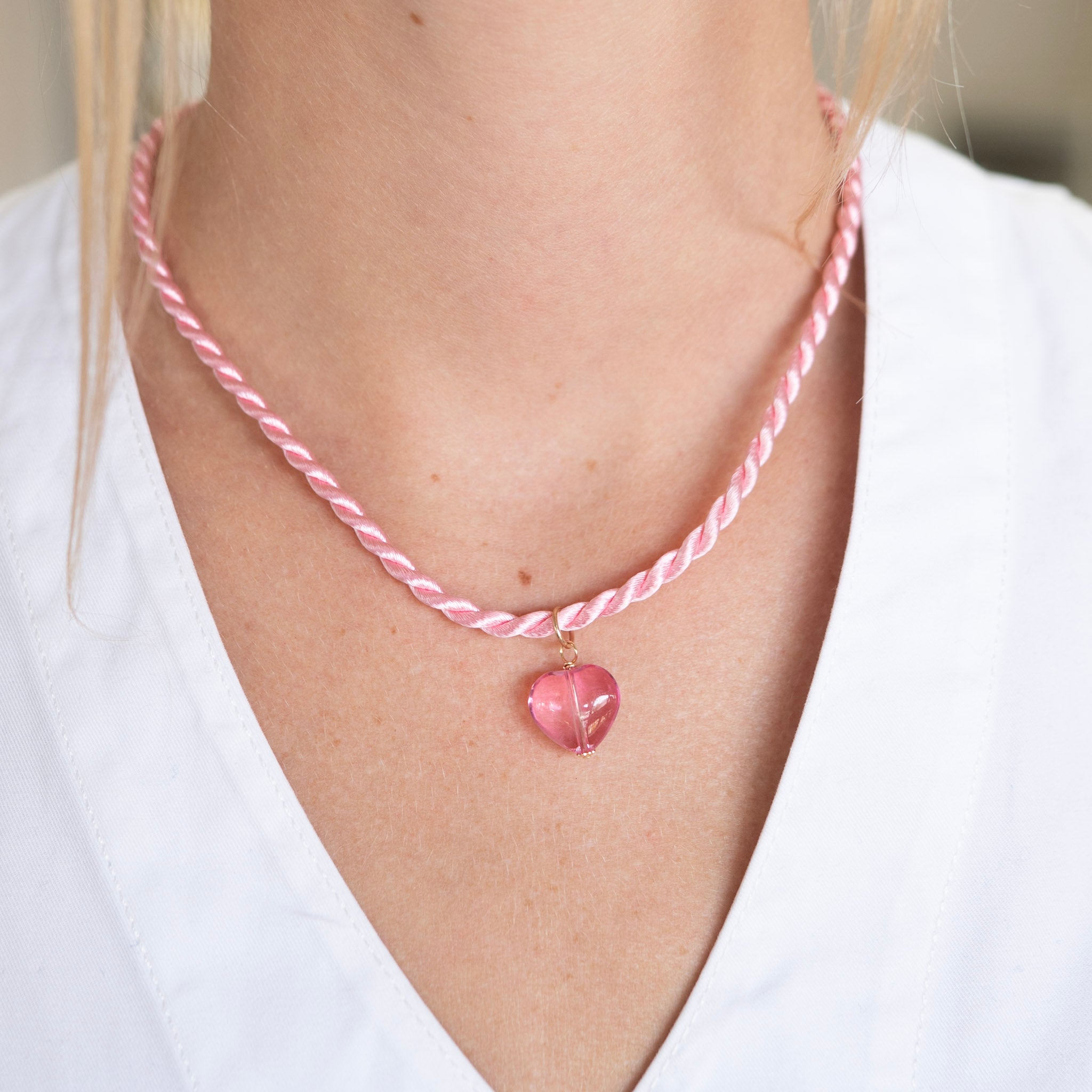 Silk Cord & Glass Heart Charm Necklace Pink