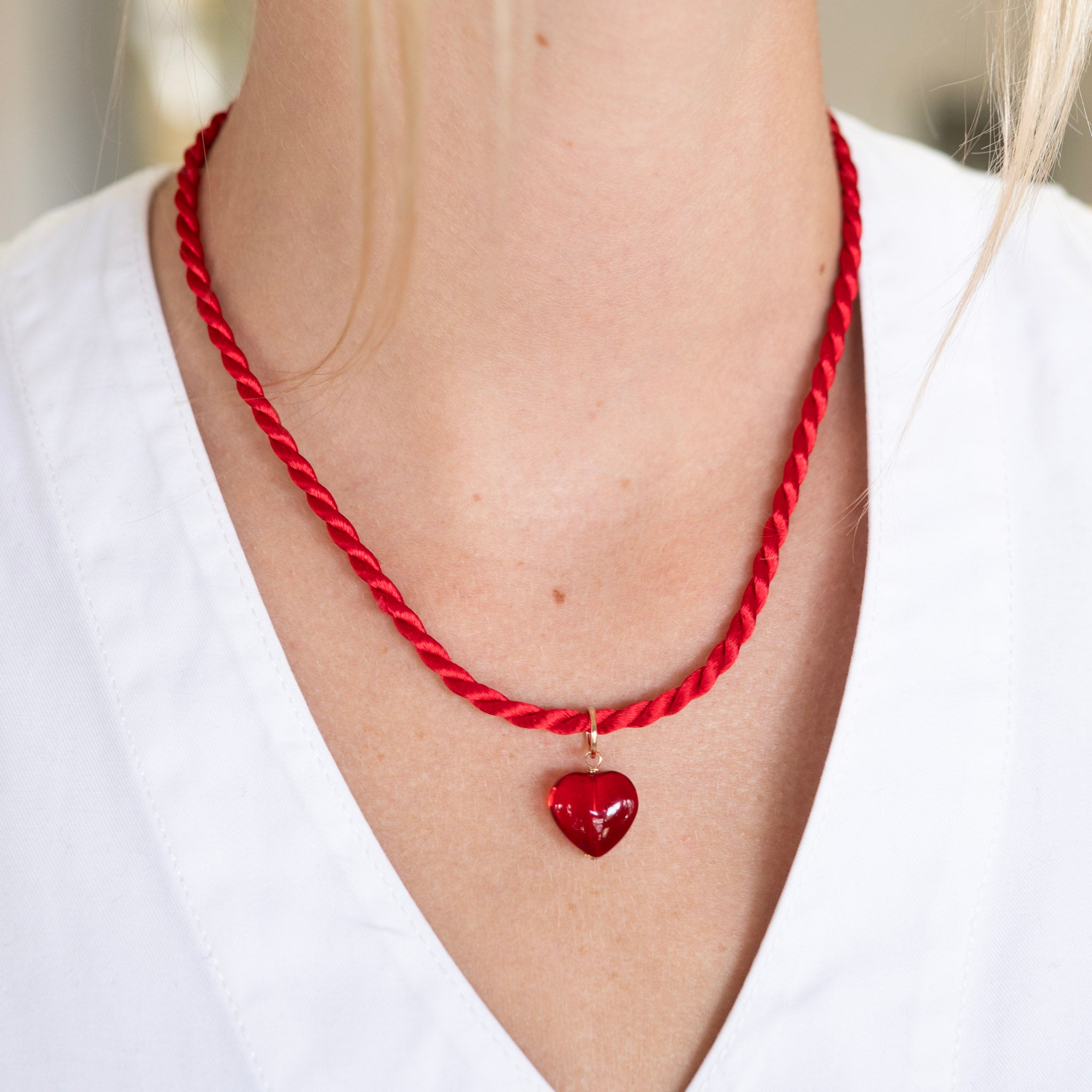 Silk Cord & Glass Heart Charm Necklace Red