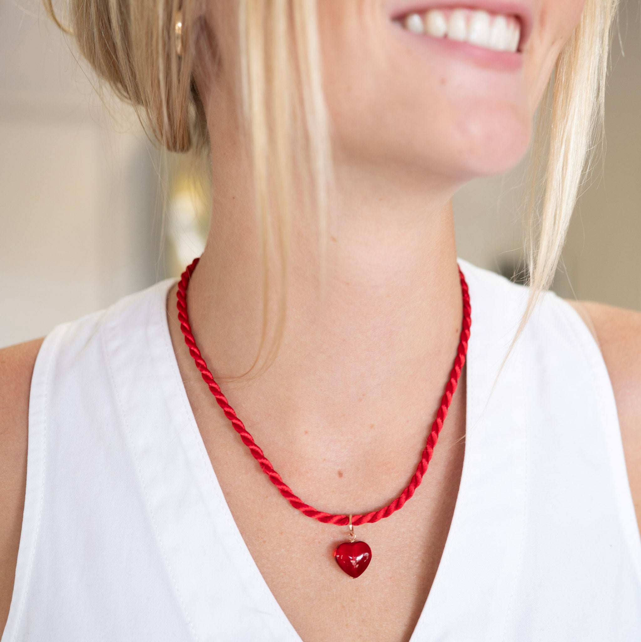Silk Cord & Glass Heart Charm Necklace Red