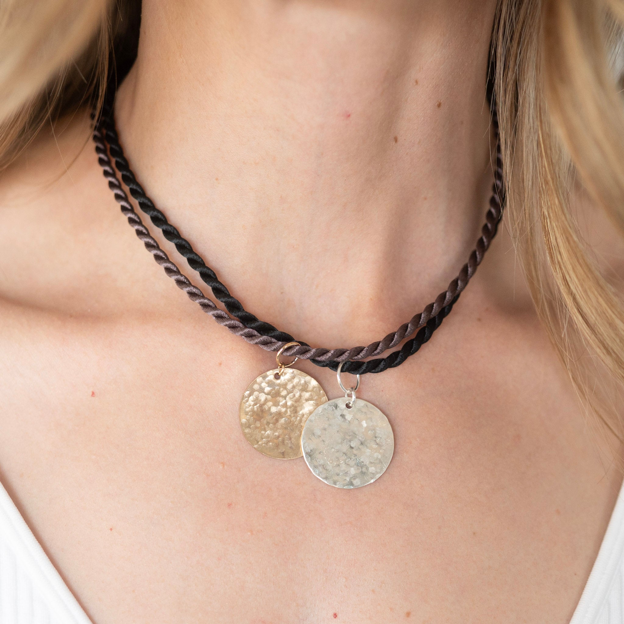 Silk Cord & Large Hammered Disc Necklace