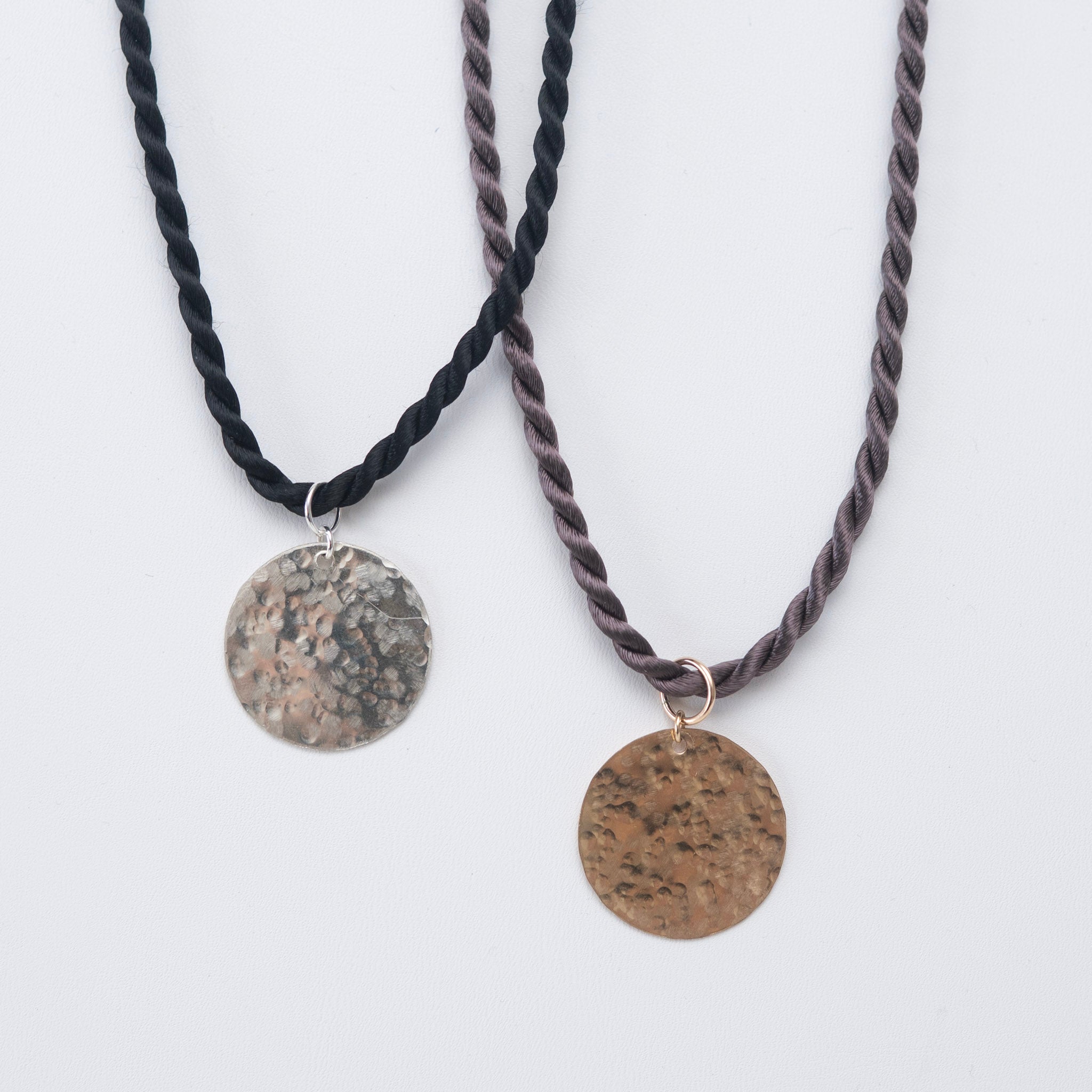 Silk Cord & Large Hammered Disc Necklace
