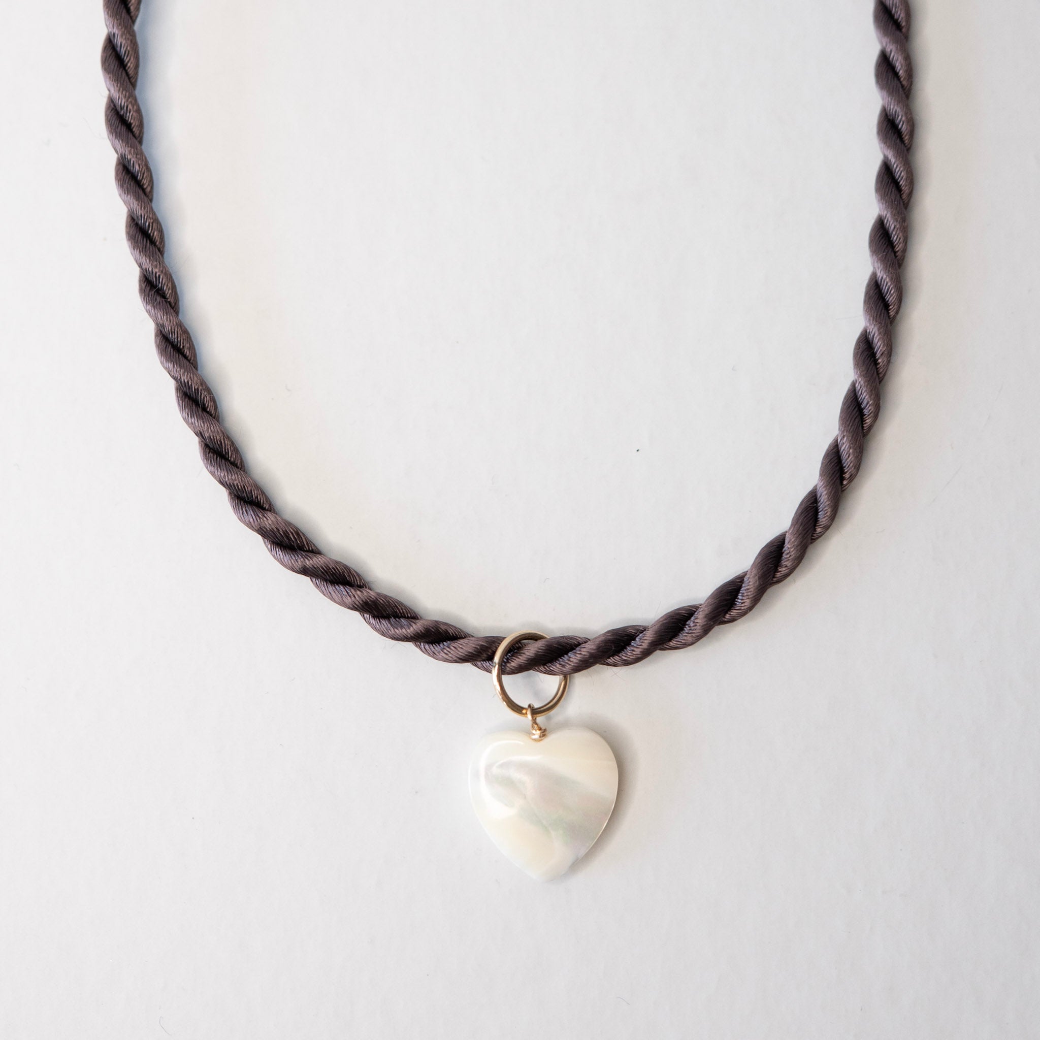 Silk Cord & Mother of Pearl Heart Charm Necklace