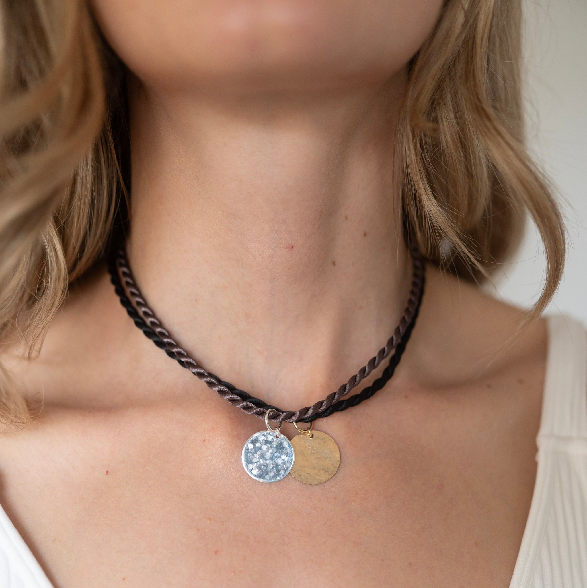 Silk Cord & Small Hammered Disc Necklace