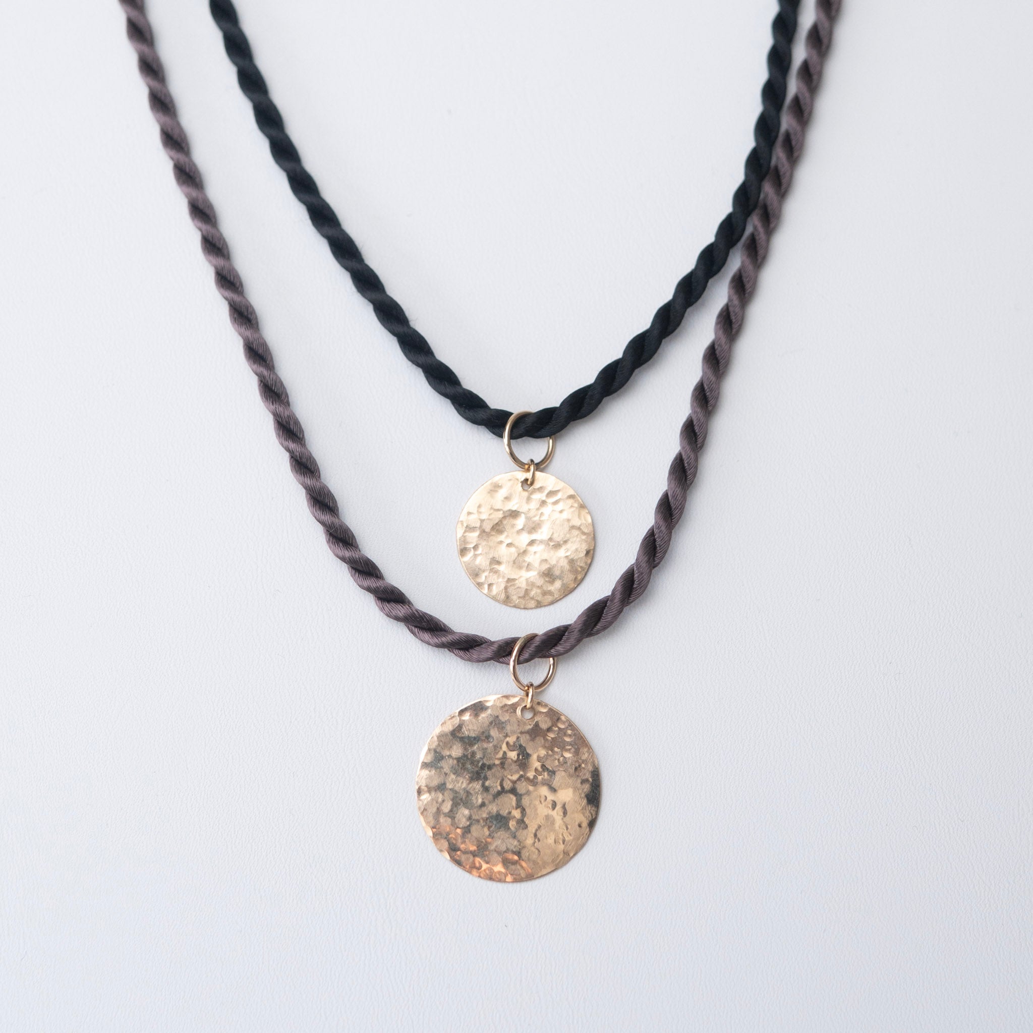 Silk Cord & Small Hammered Disc Necklace