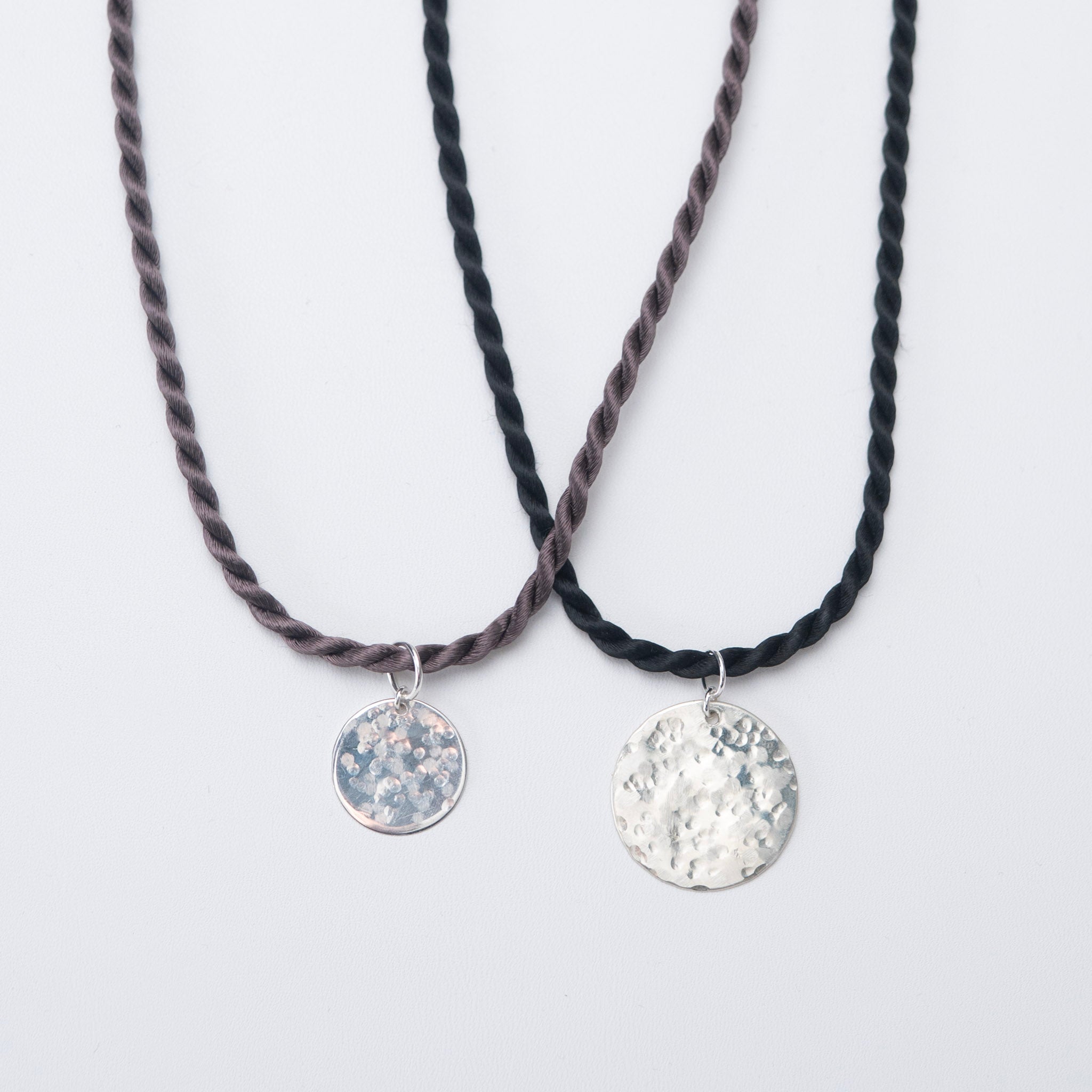 Silk Cord & Small Hammered Disc Necklace