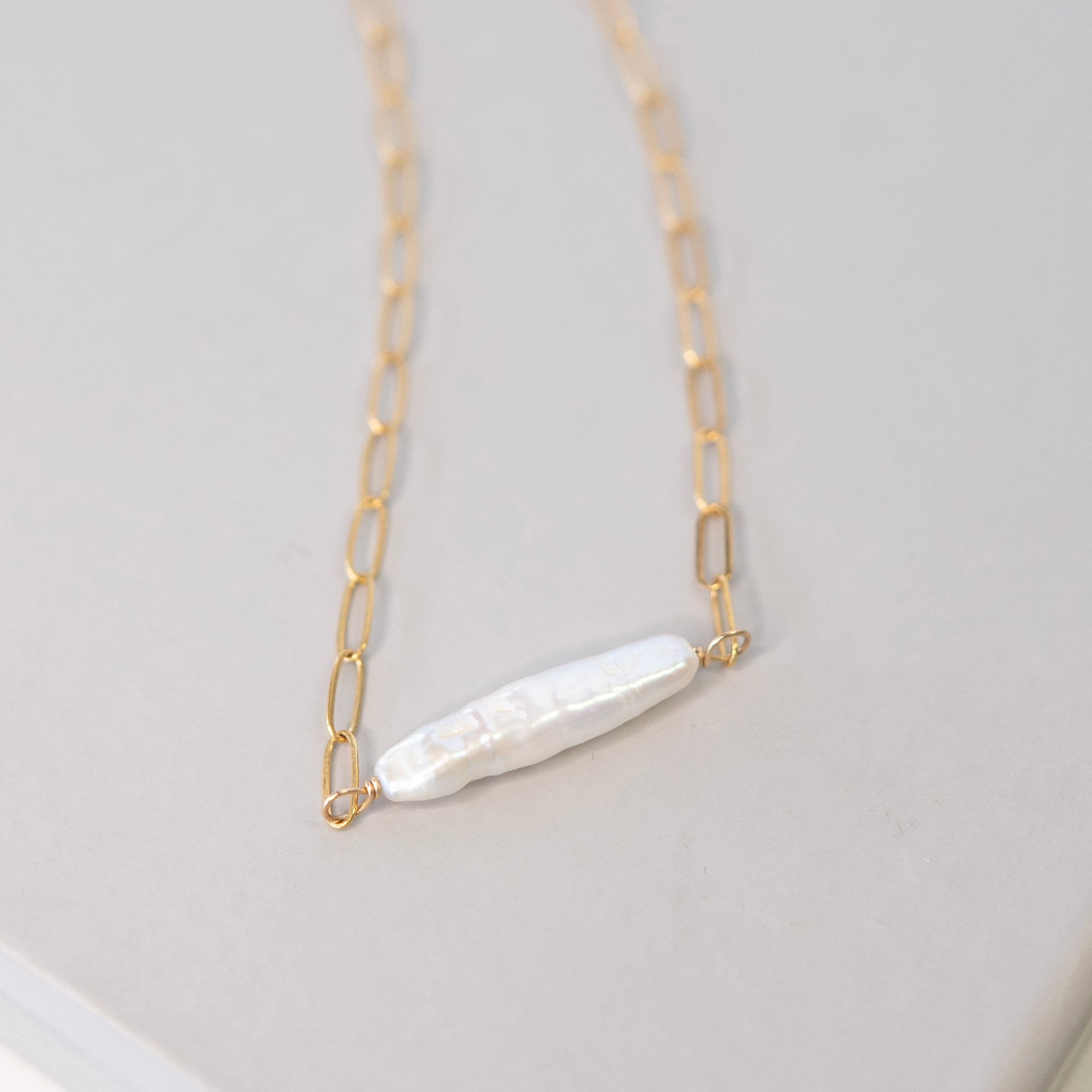 Small Paperclip & Freshwater Pearl Stick Necklace