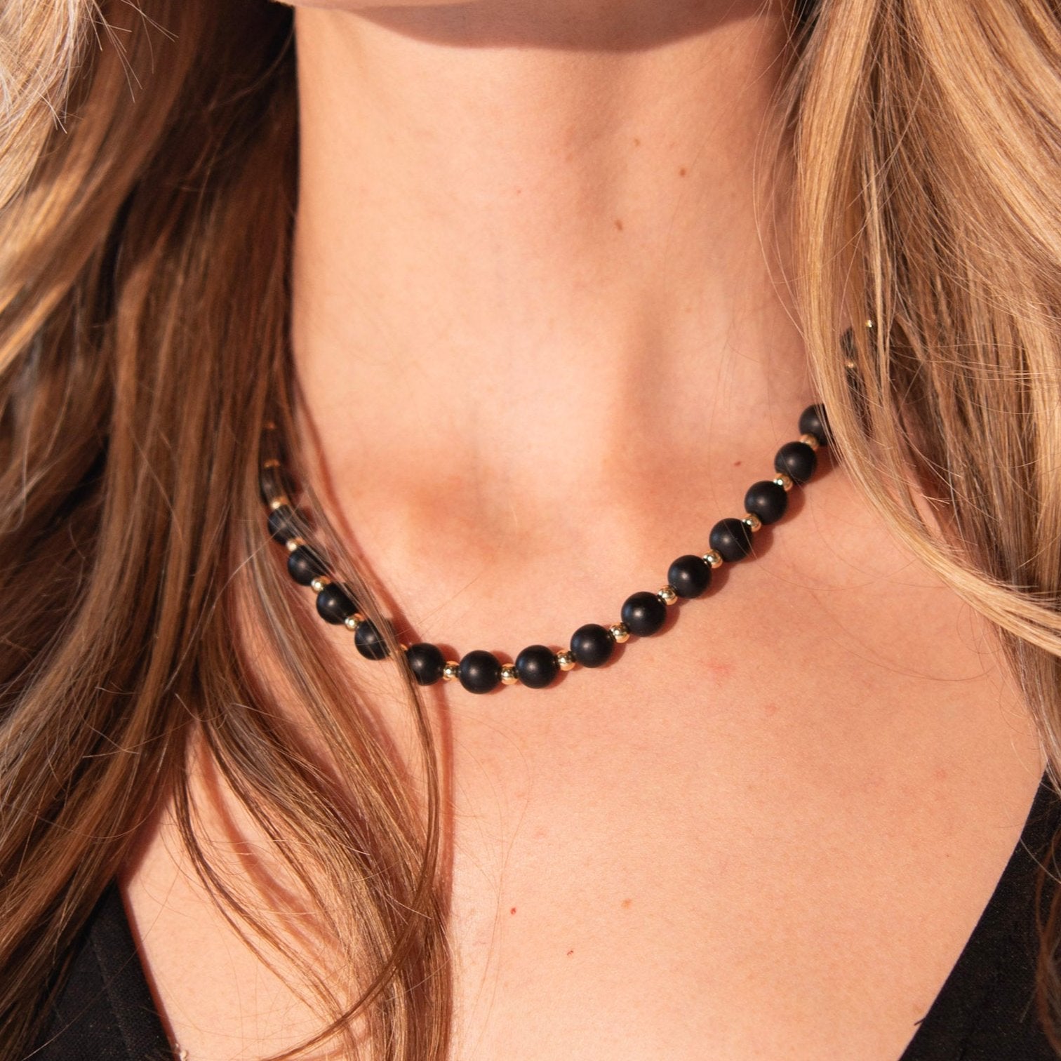 8mm Matte Black Onyx & 14k Gold Filled Beaded Necklace