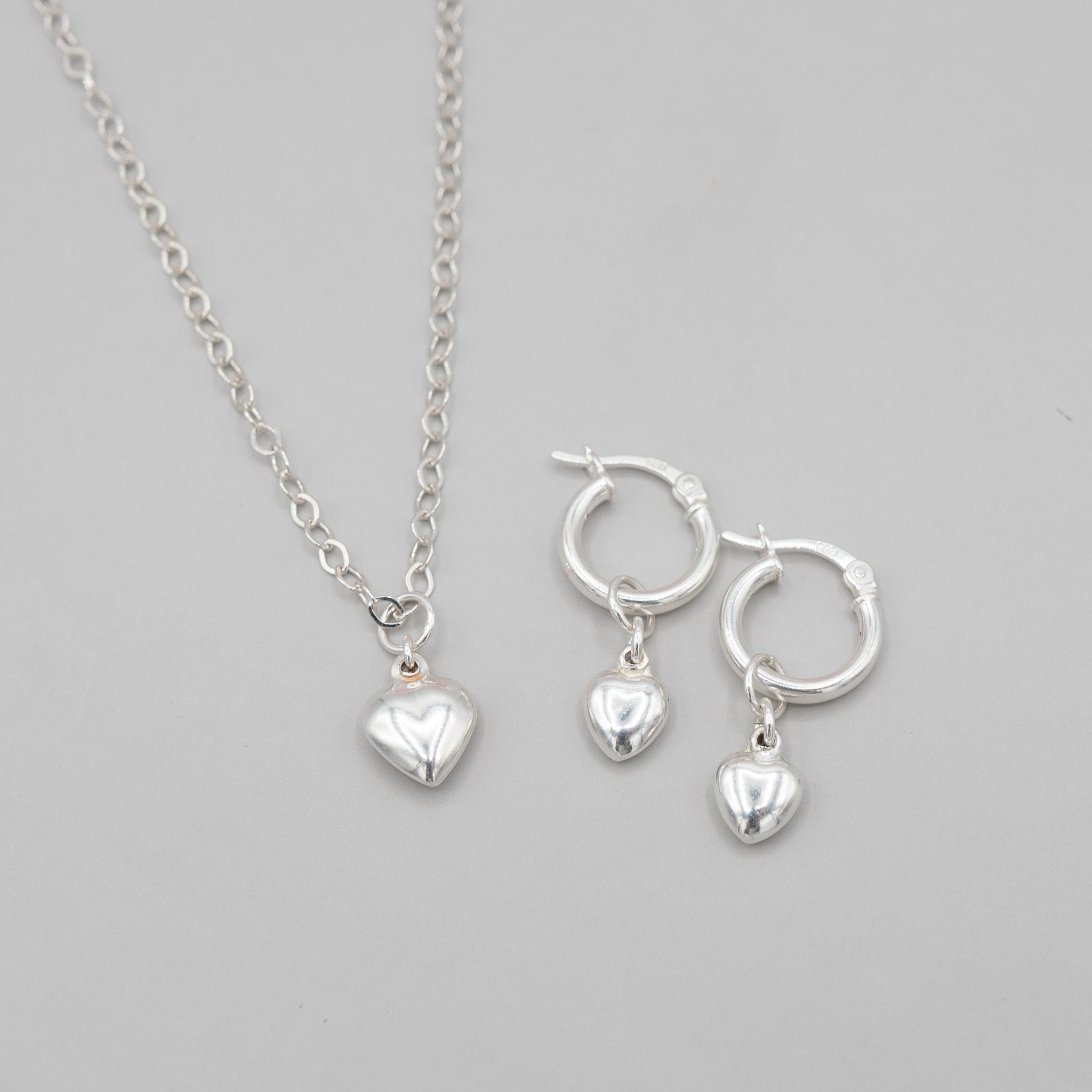 Sterling Silver Necklace & Tube Hoop Heart Earring Set