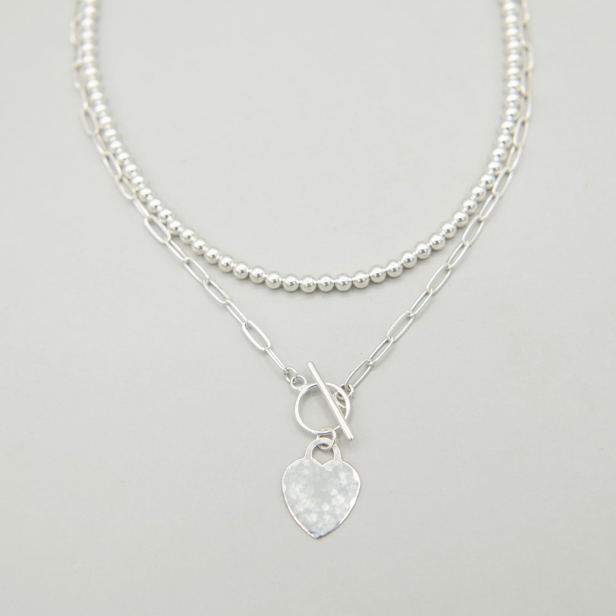 Sterling Silver Beaded Lux & Heart Toggle Necklace Set