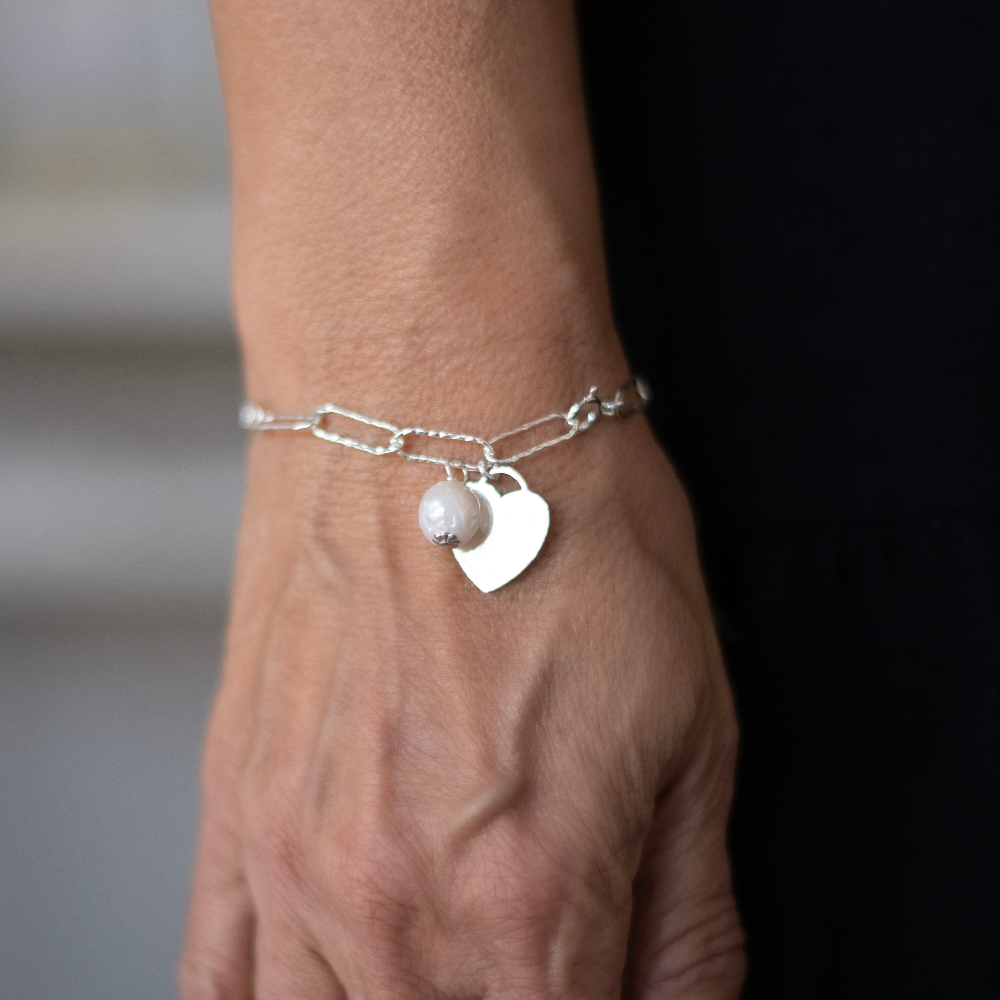 XL Sterling Silver Paper Clip & Heart Bracelet