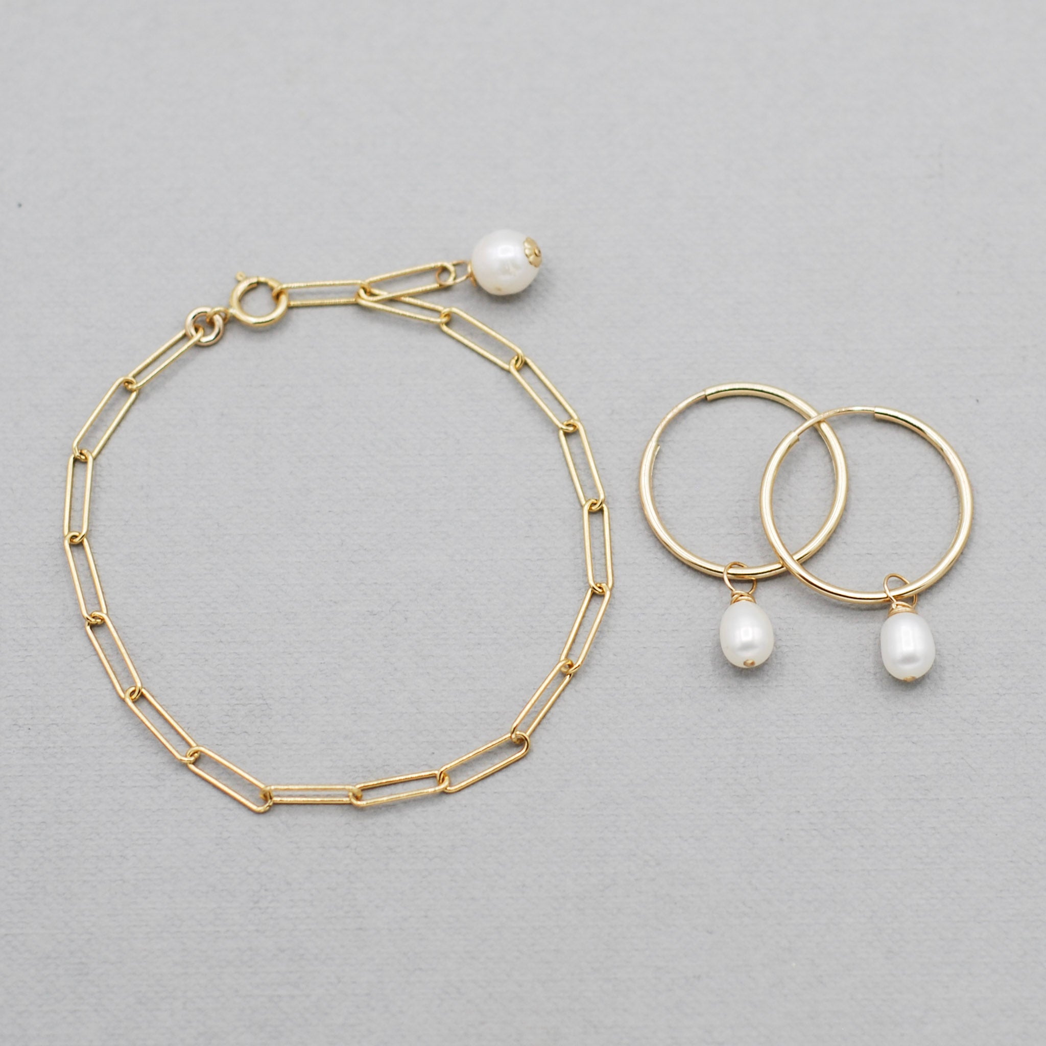 14k Gold Filled Chain Bracelet & Pearl Hoop Set