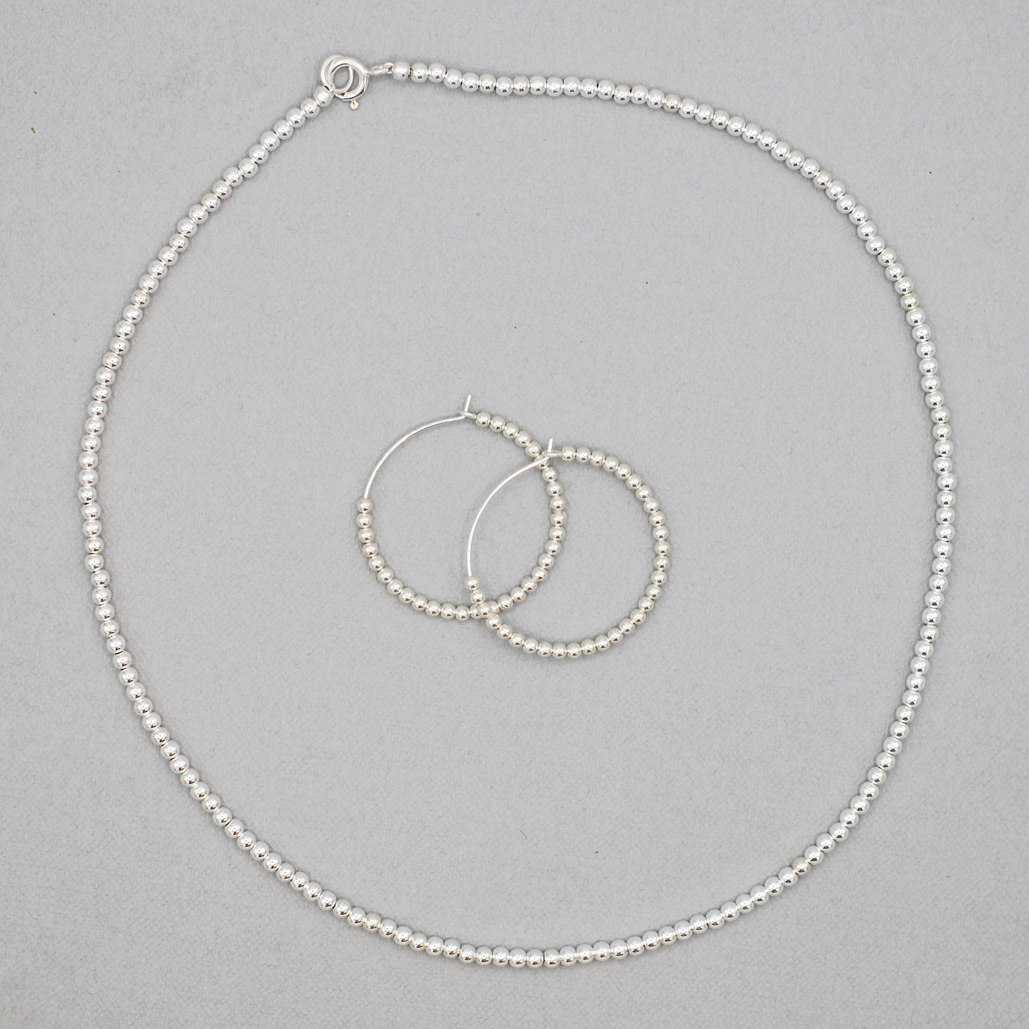 Sterling Silver Beaded Necklace & Hoops