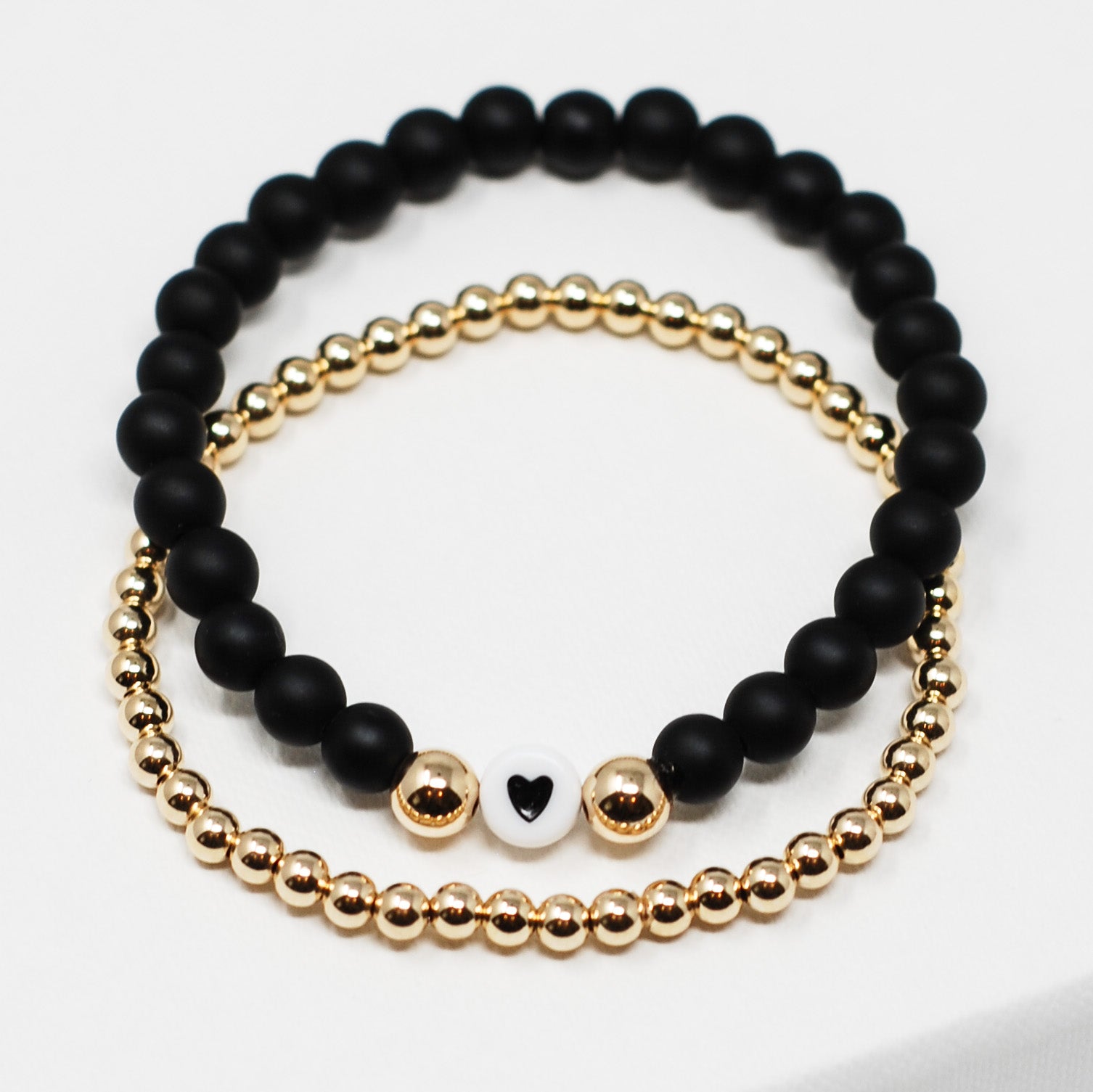 Matte Black Onyx Heart & 14k gold filled Bracelet Set