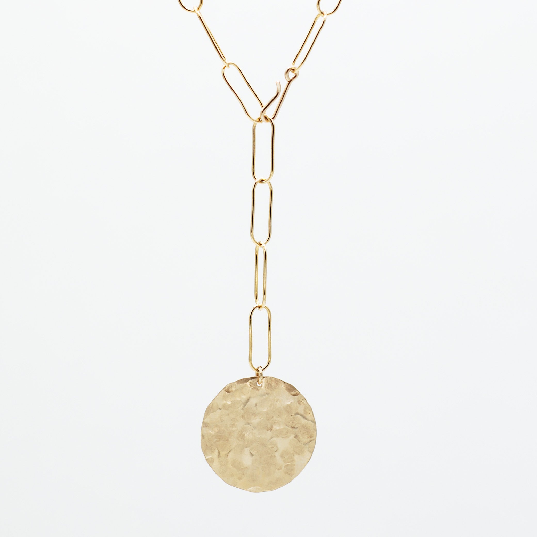 14k Gold Filled Extra Large Paper Clip Lariat Disc Necklace