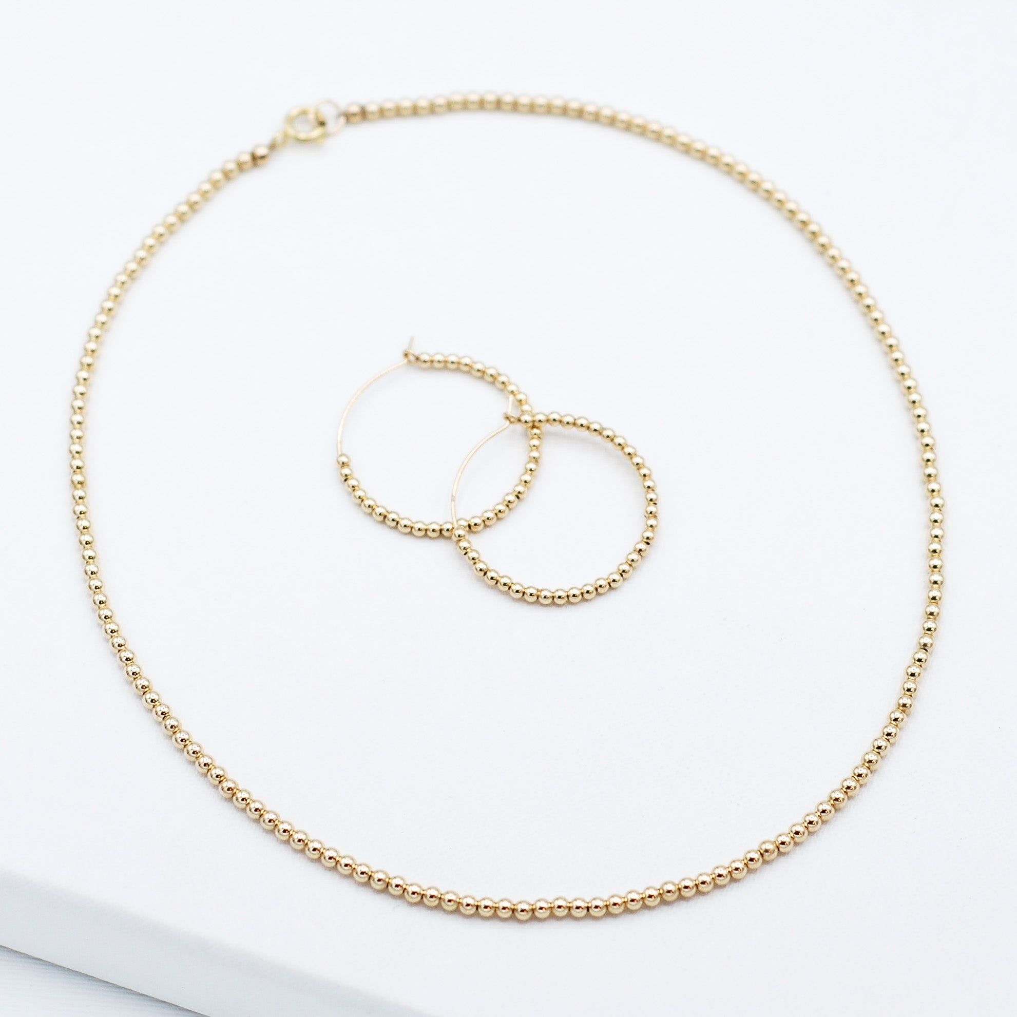 14k Gold Filled Beaded Necklace & Hoop Set