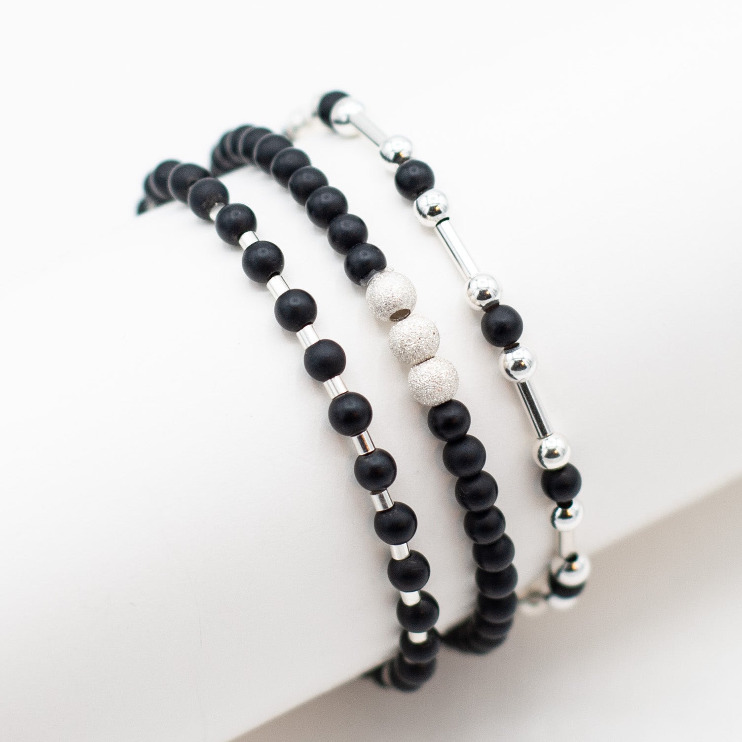 Black Onyx & Sparkle Sterling Silver Bracelet Set
