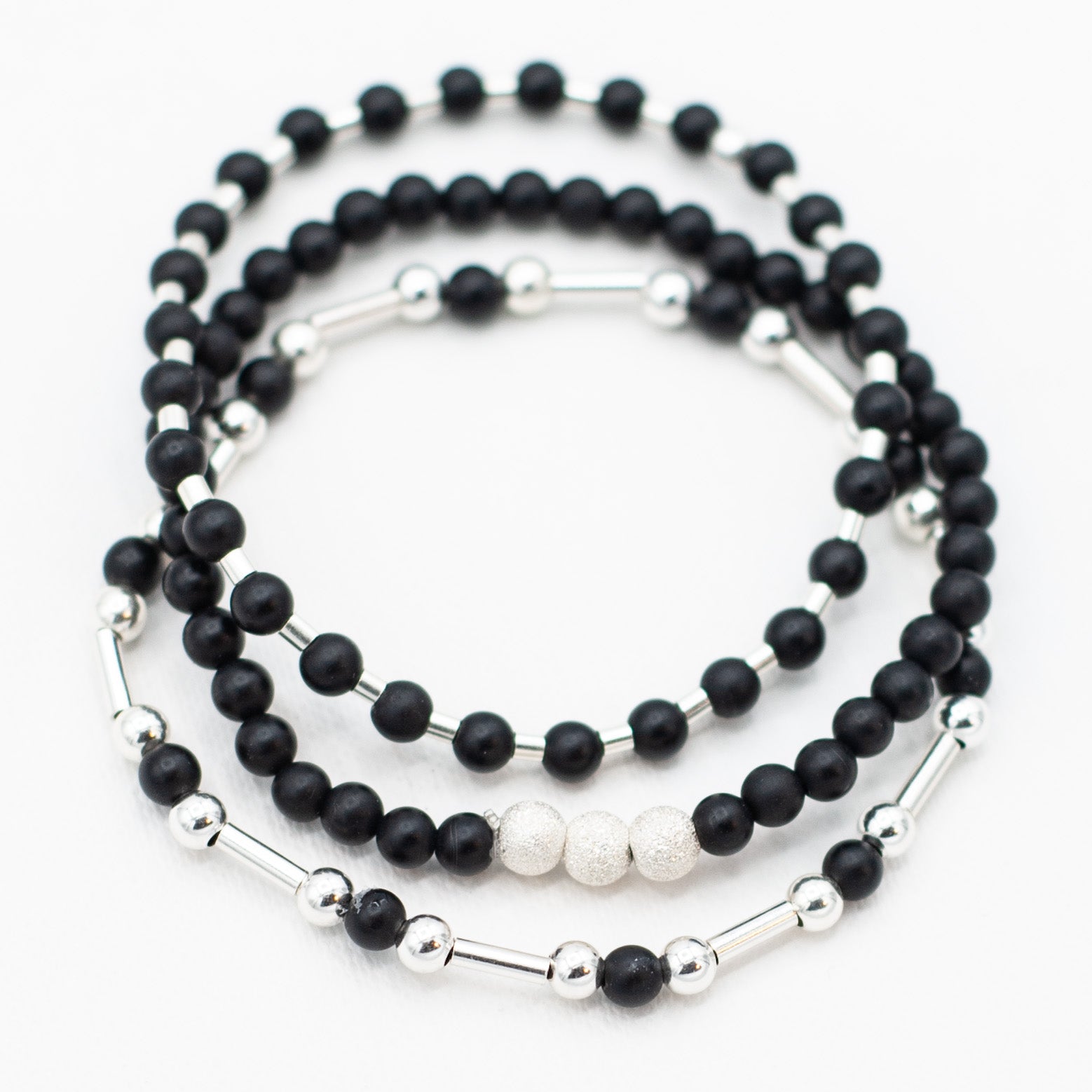 Black Onyx & Sparkle Sterling Silver Bracelet Set