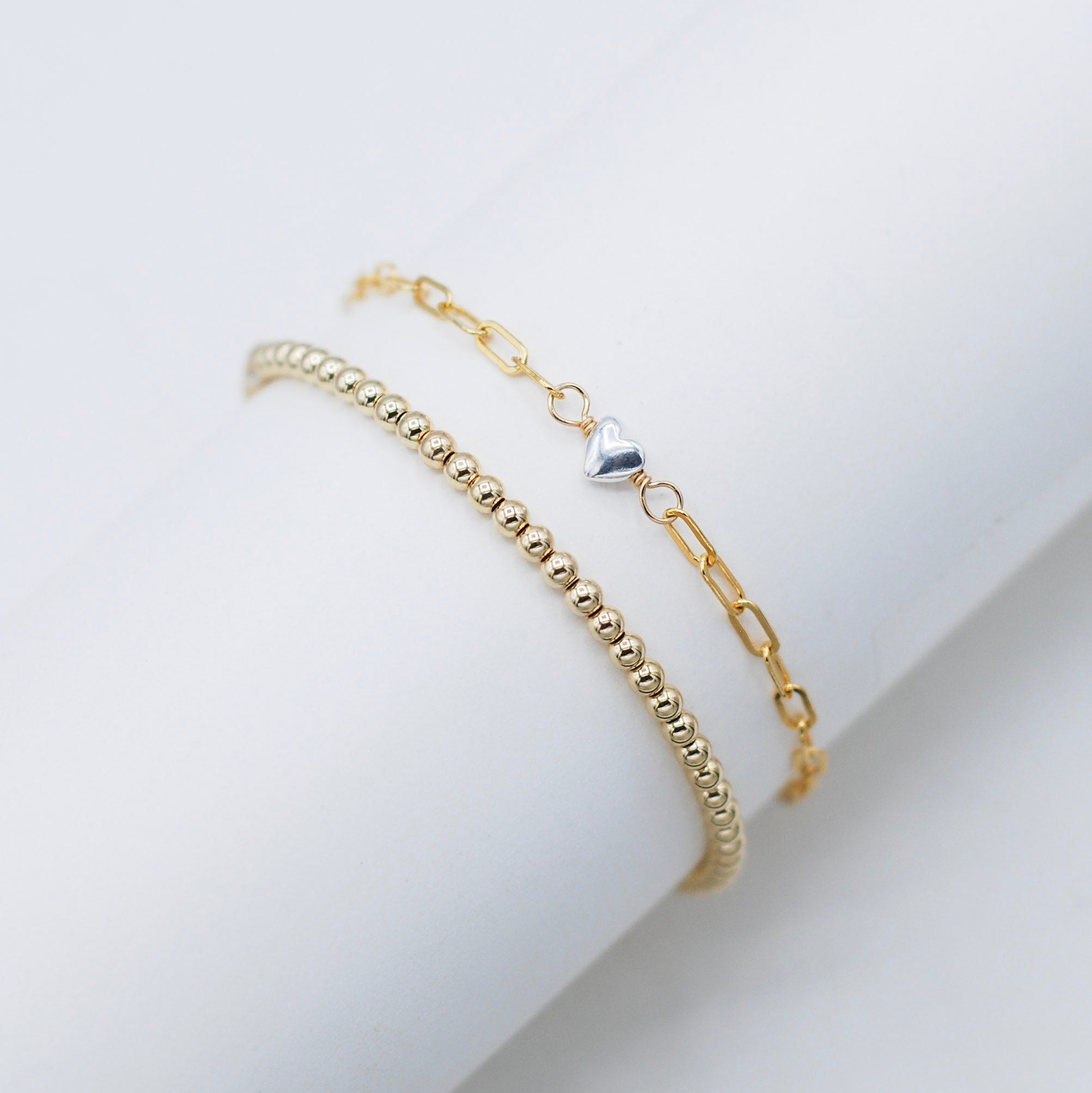 14k Gold Filled Paper Clip Chain & Heart Bracelet Set
