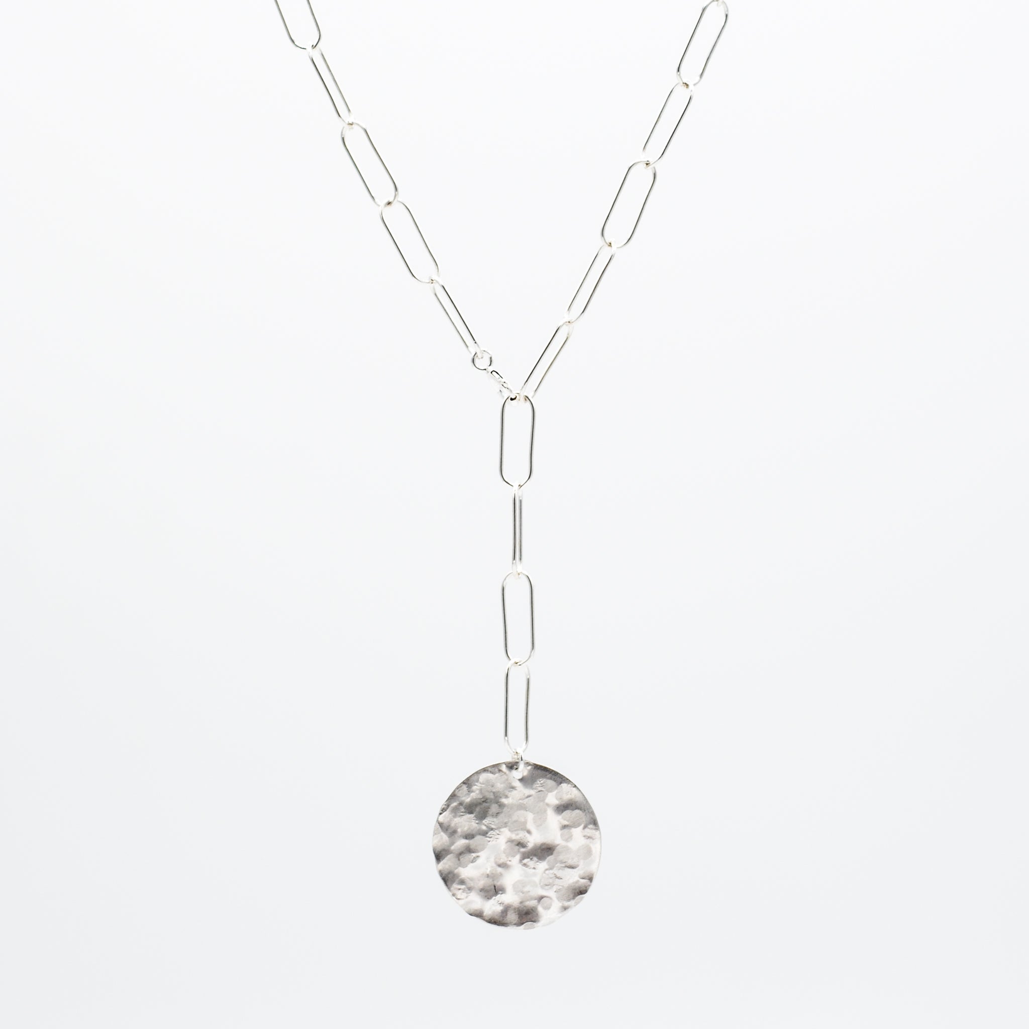 Sterling Silver Extra Large Paper Clip Lariat Disc Necklace