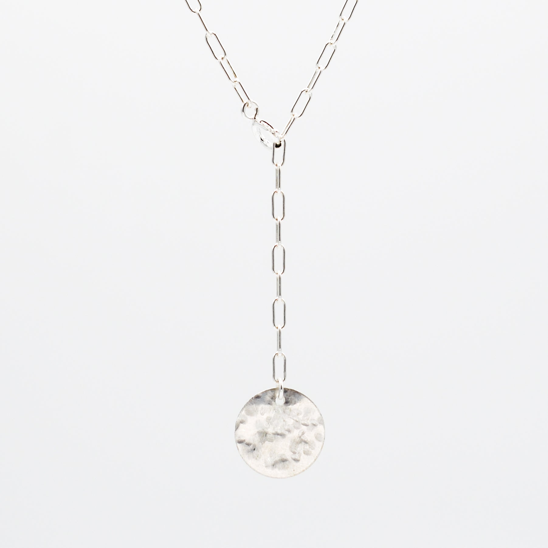 Sterling Silver Small Paper Clip Lariat Disc Necklace