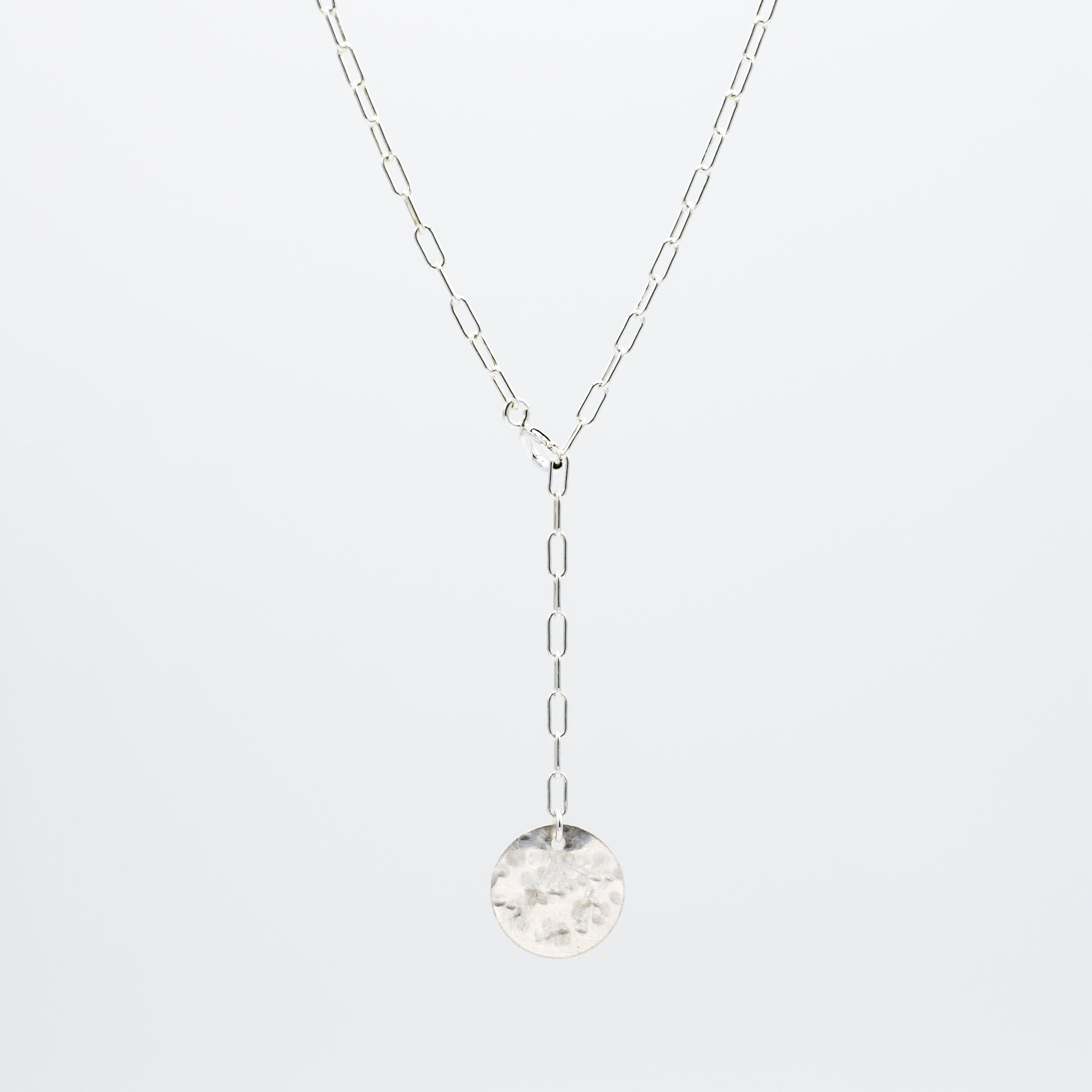 Sterling Silver Small Paper Clip Lariat Disc Necklace