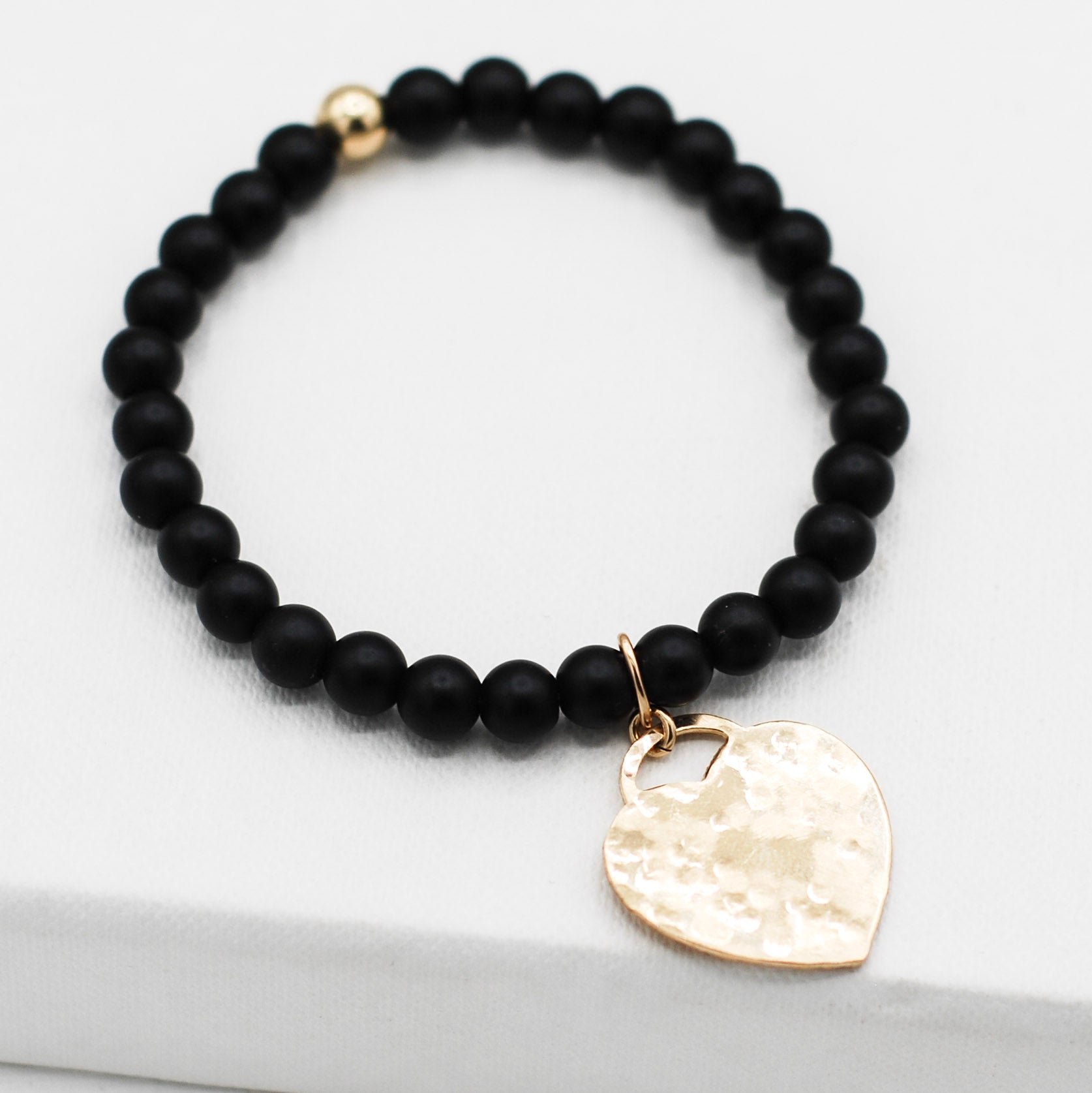 Matte Black Onyx & 14k Gold Filled Heart Bracelet