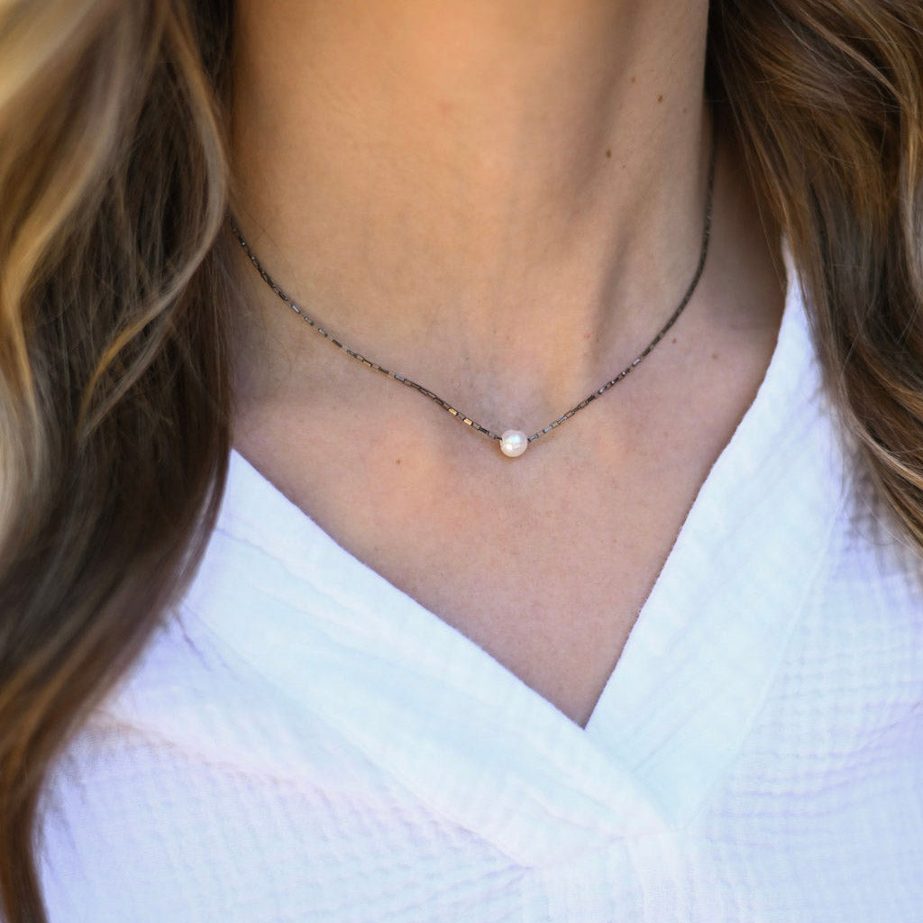 Freshwater Pearl & Black Diamond Petite Chain Necklace