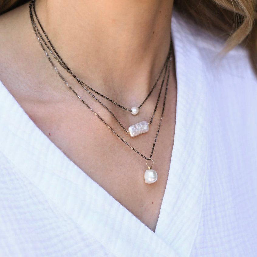 Freshwater Pearl & Petite Black Diamond Chain Necklace