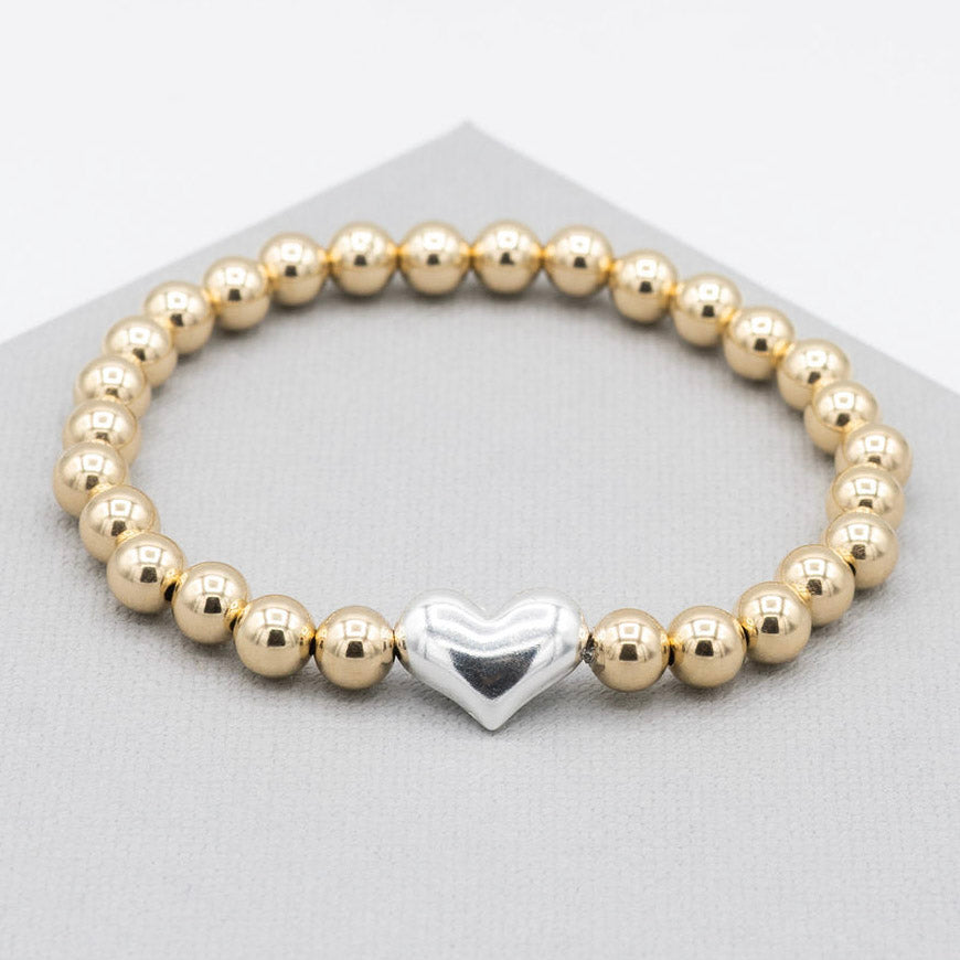 14K Yellow Gold Heart Beads Plus 1 inch Chain Charm Bracelet 6.5