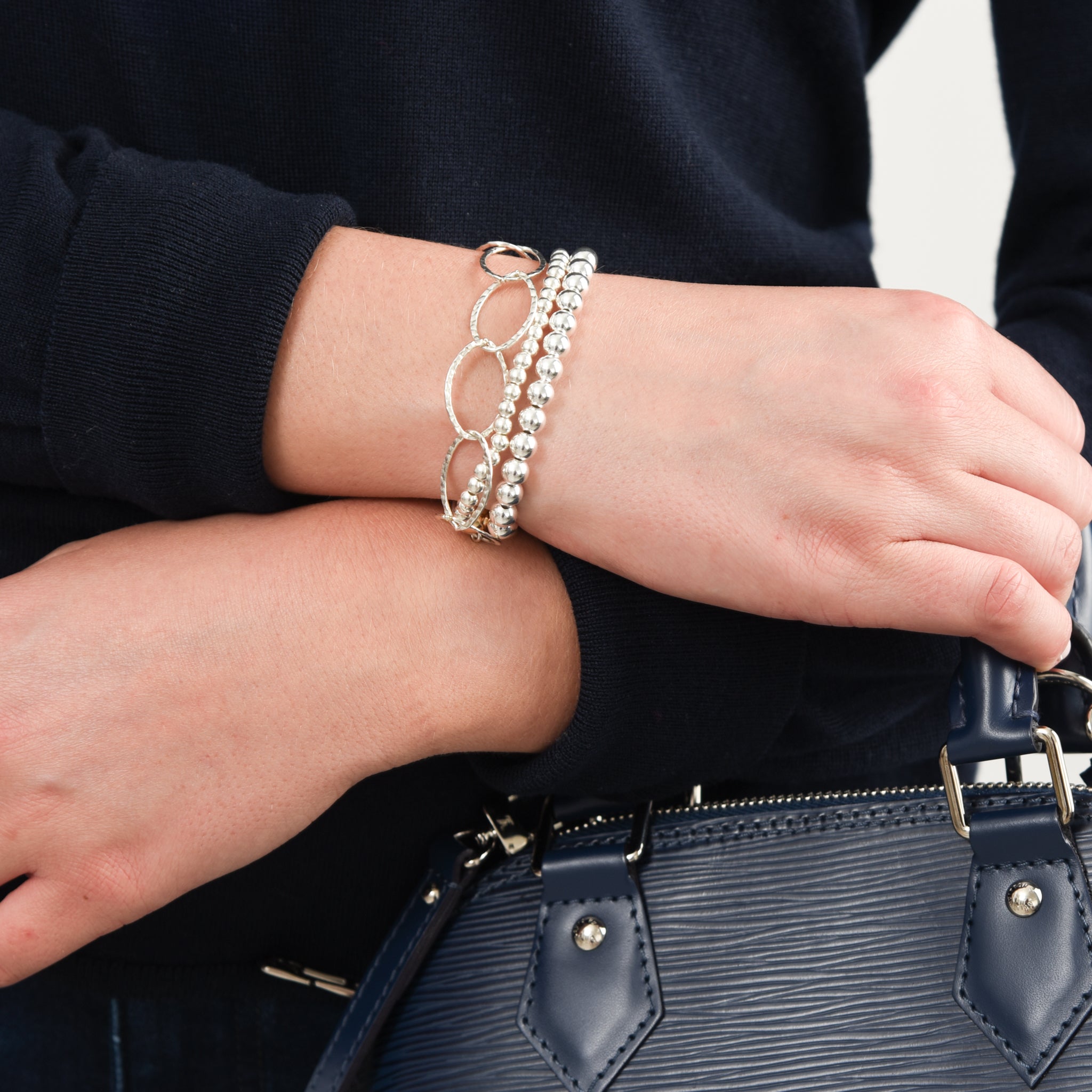 Sterling Silver Oval Chain & Beaded Bracelet Set