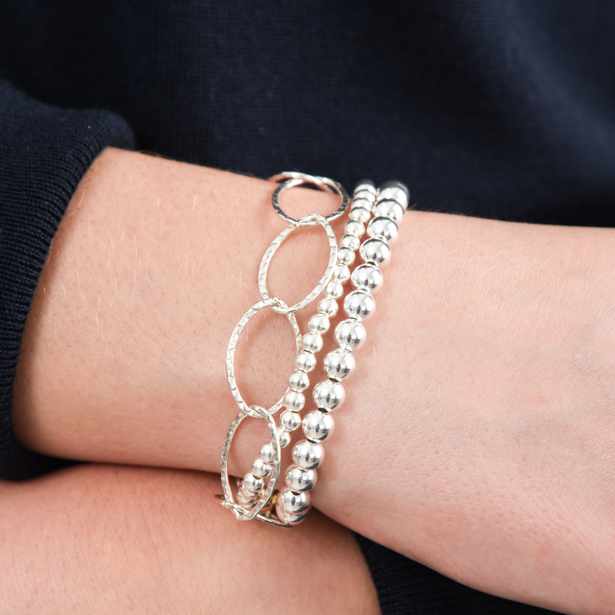 Sterling Silver Oval Chain & Beaded Bracelet Set