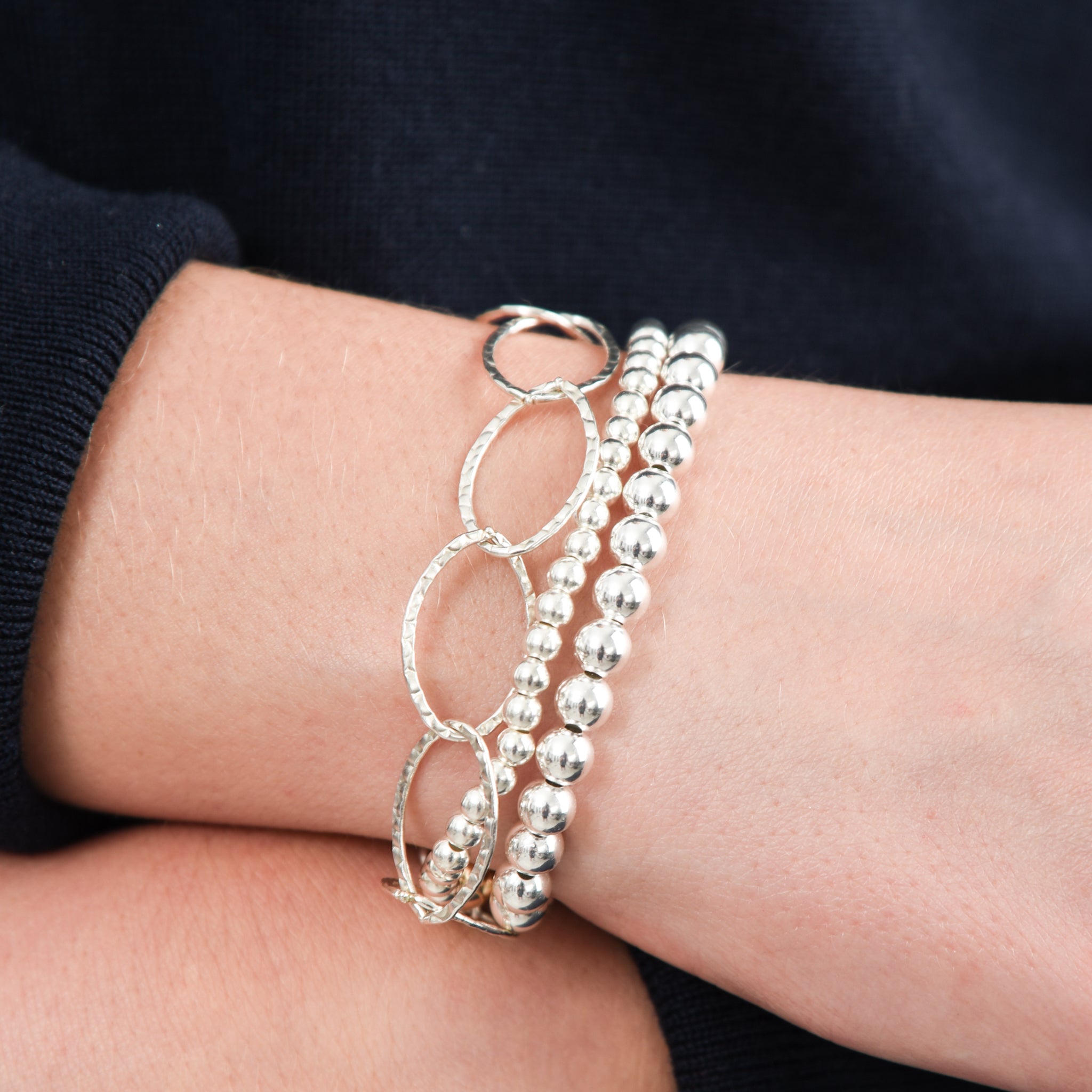 Sterling Silver Oval Chain & Beaded Bracelet Set - Jewel Ya