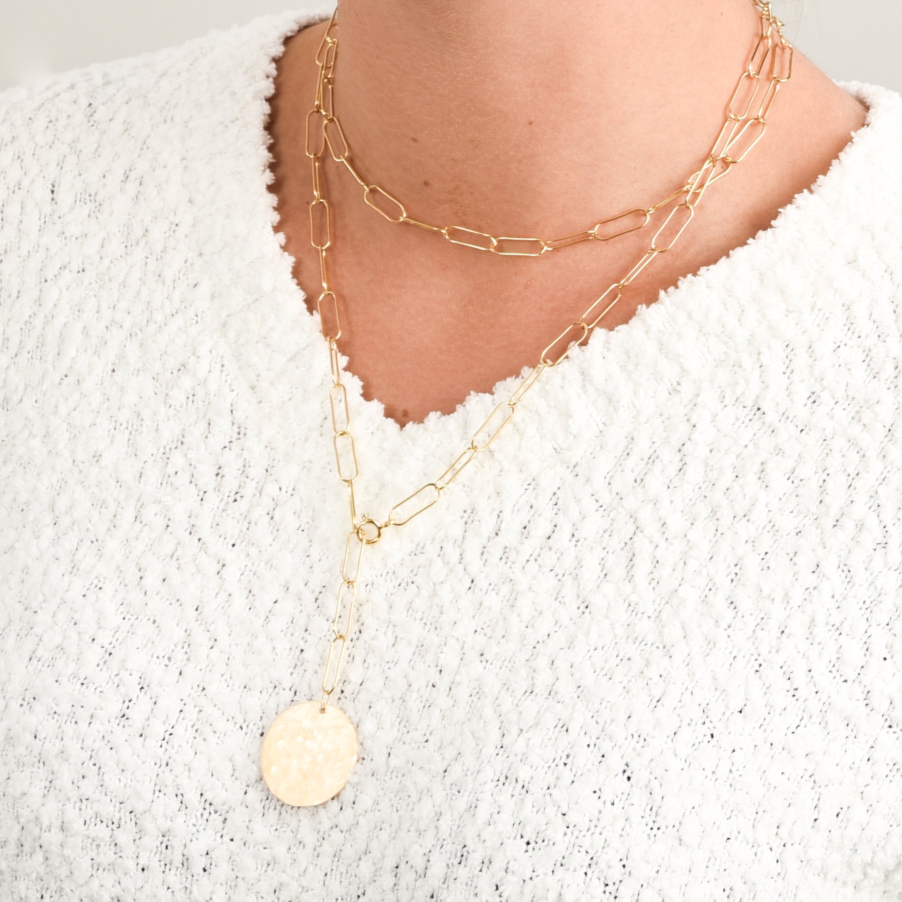 14k Gold Filled Extra Large Paper Clip Wrap Lariat Disc Necklace
